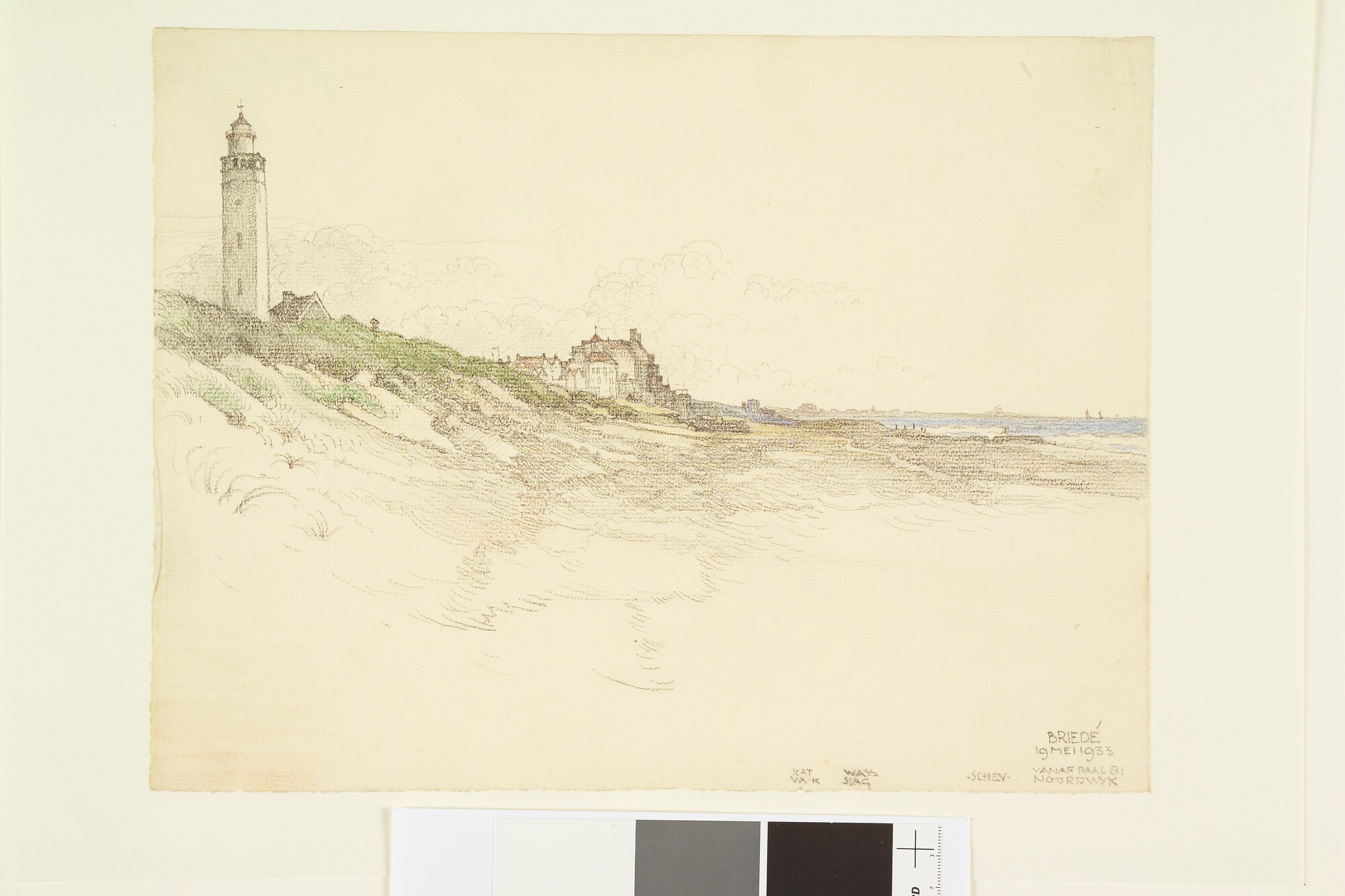 A.4894(07); Het strand en de vuurtoren te Noordwijk aan Zee; tekening
