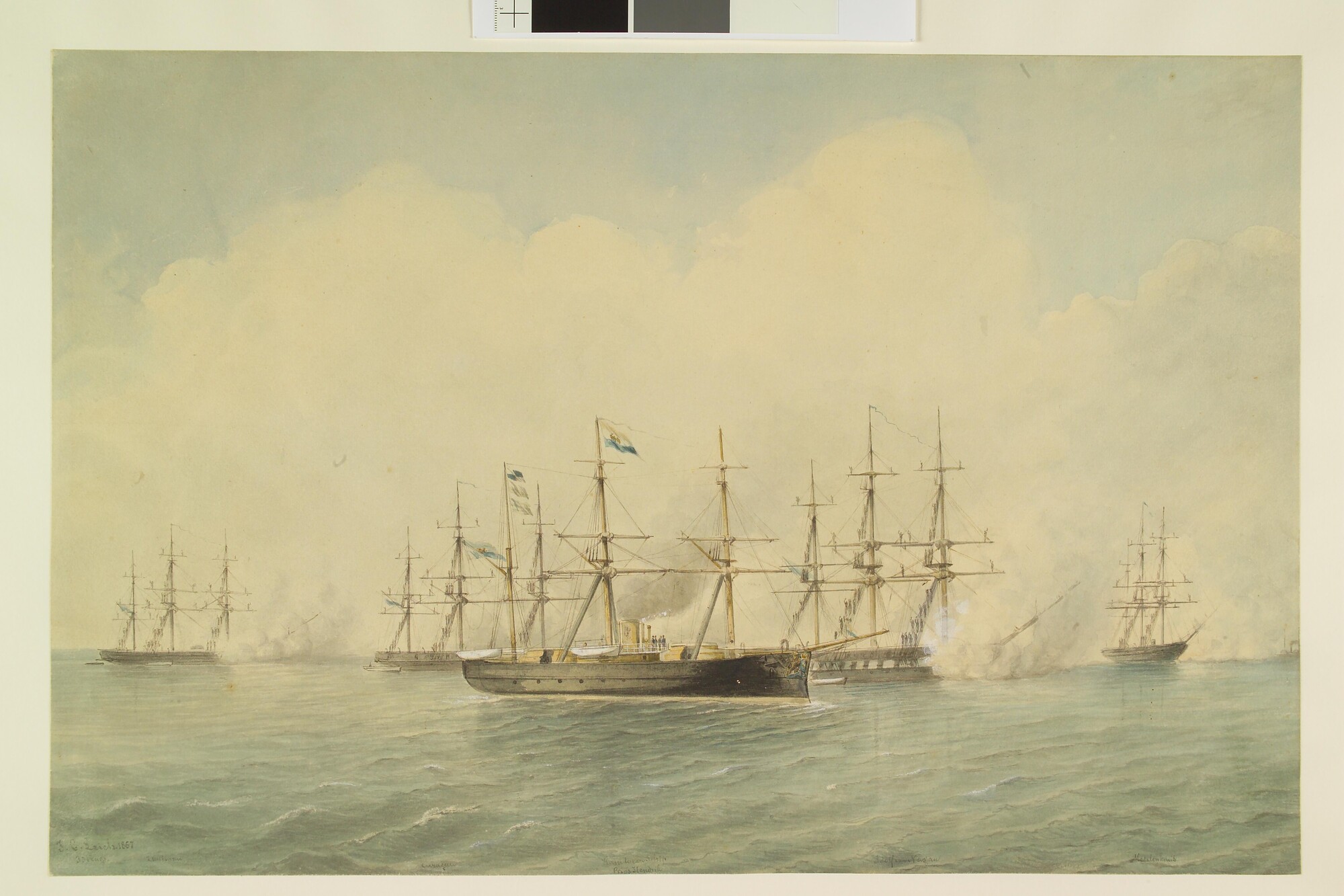 2005.1166; Marine-eskader op de rede van Texel, 1867; tekening