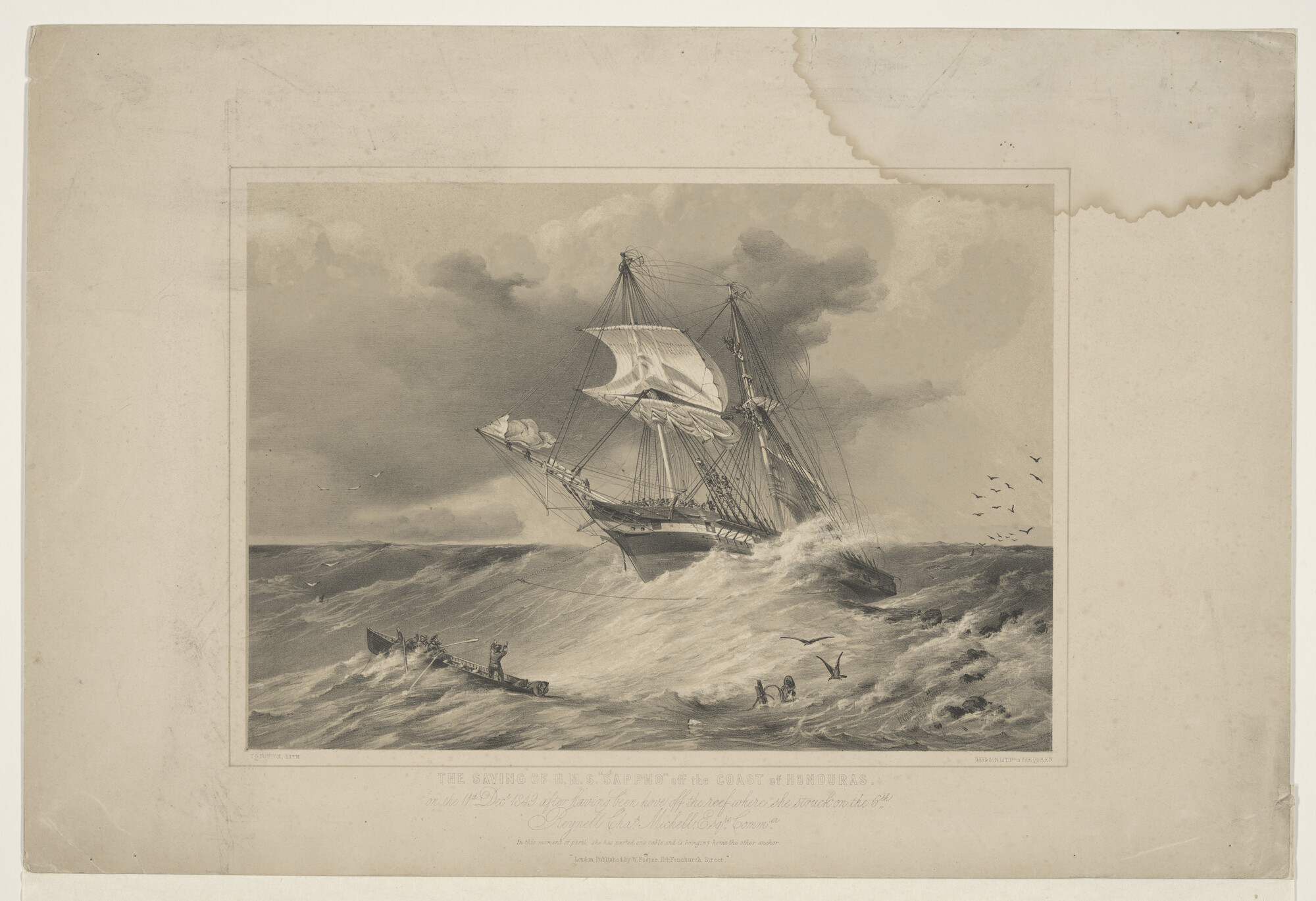 S.2172(1)02; De redding van de Britse oorlogsschip HMS 'Sappho' voor de kust van Honduras; prent