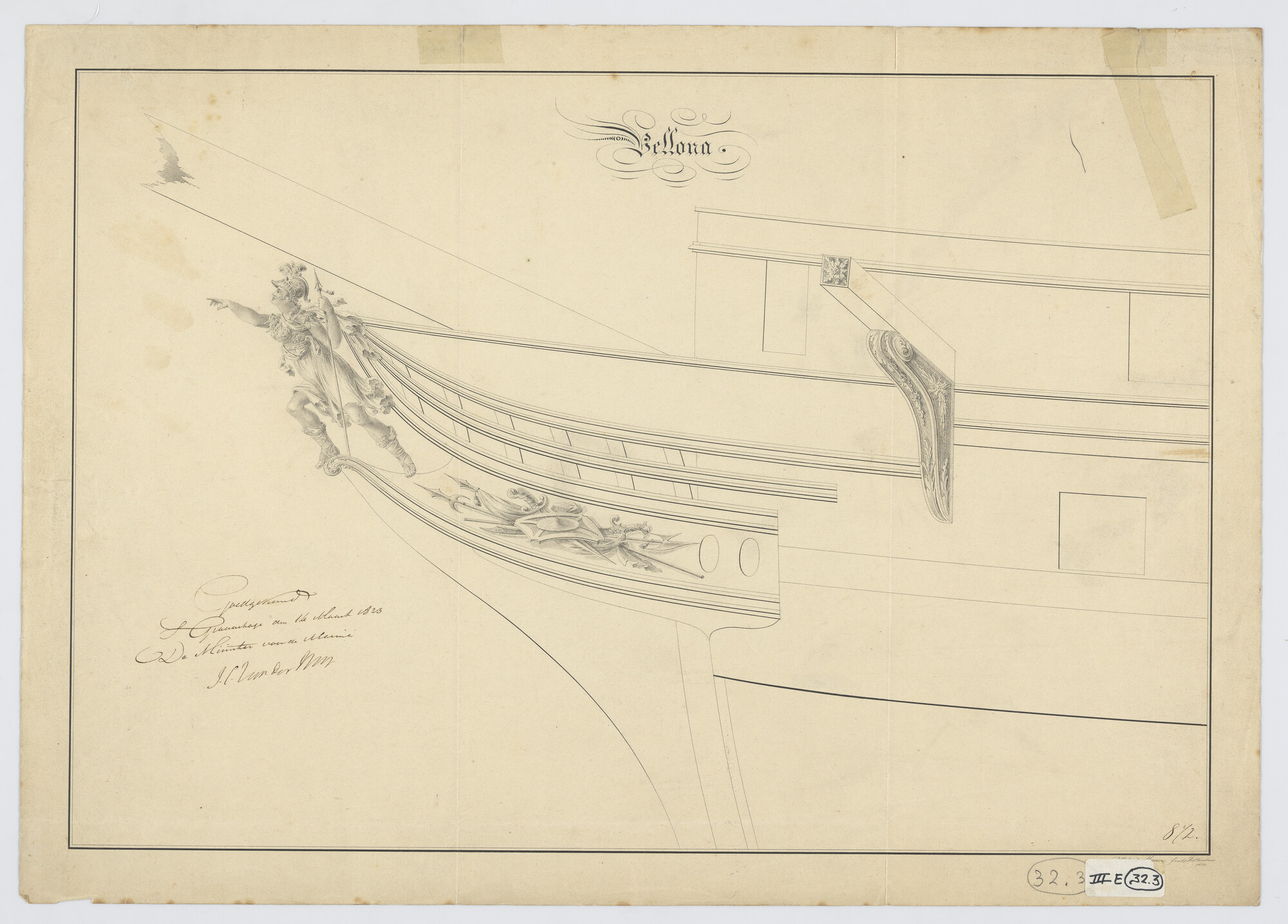 S.1214(0250); Ontwerp scheg van het fregat 'Bellona'; technische tekening