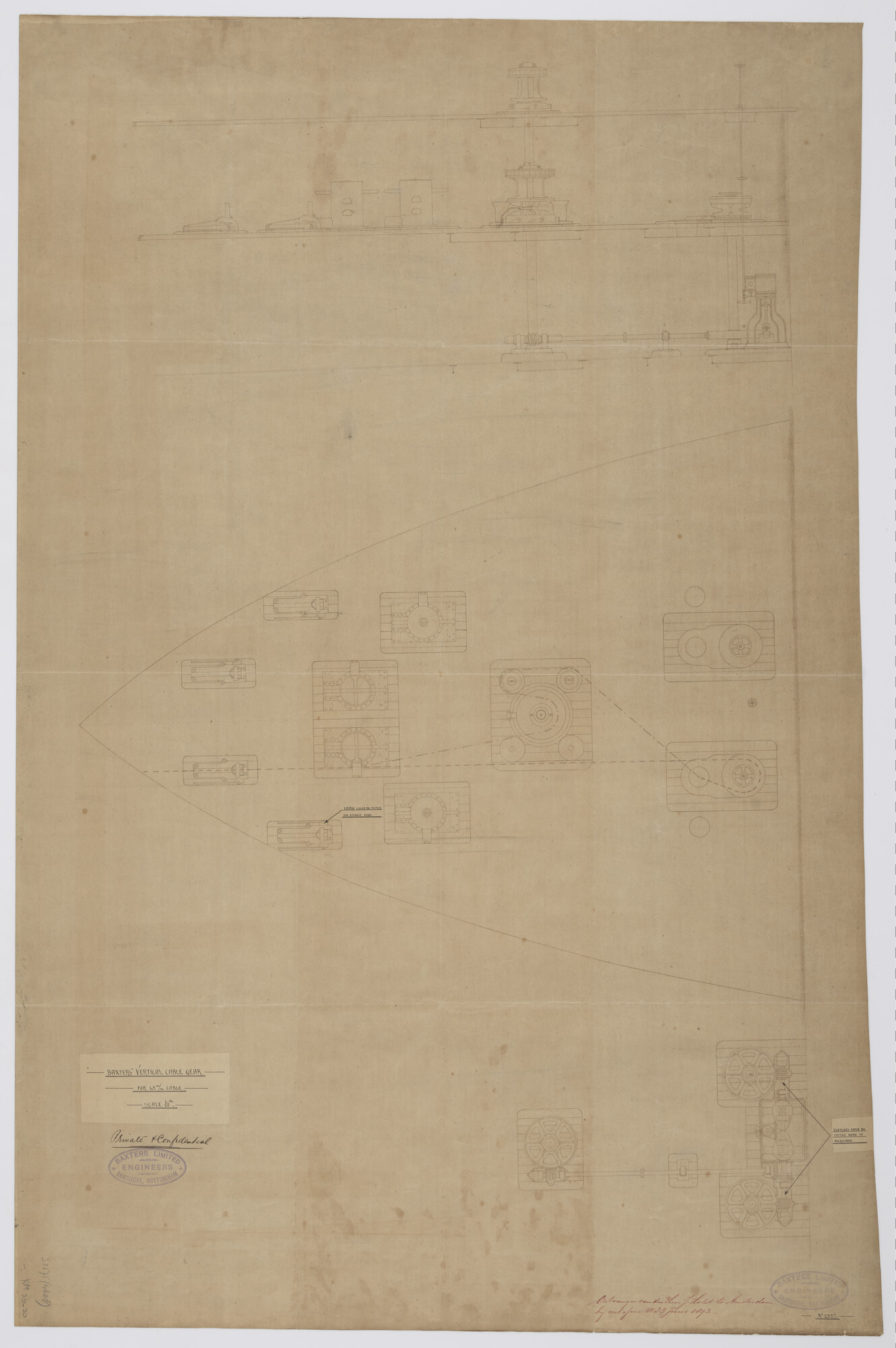 S.2175(4608); Ankerinrichting met o.m. ankermachine en dubbele verticaal geplaatste kaapstanders; technische tekening