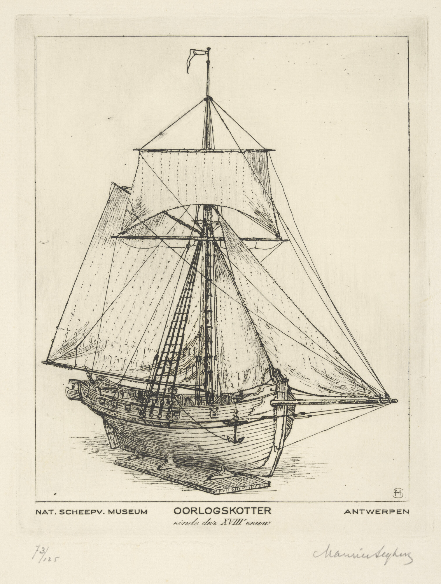 S.2890; Afbeelding van een model van een oorlogskotter; prent