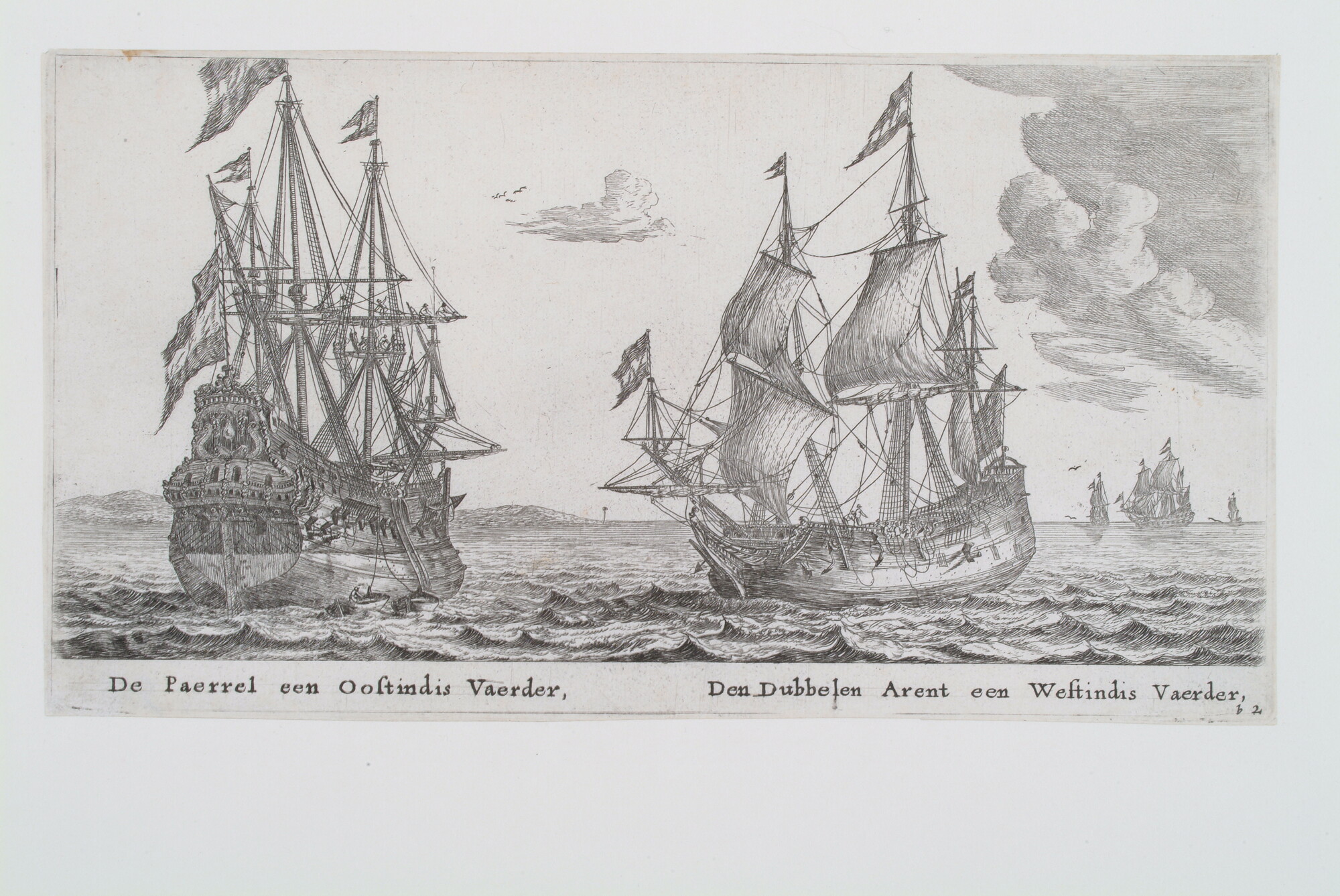 A.0149(0277); Het retourschip 'Parel' en de Westindiëvaarder 'Dubbele Arend'; prent
