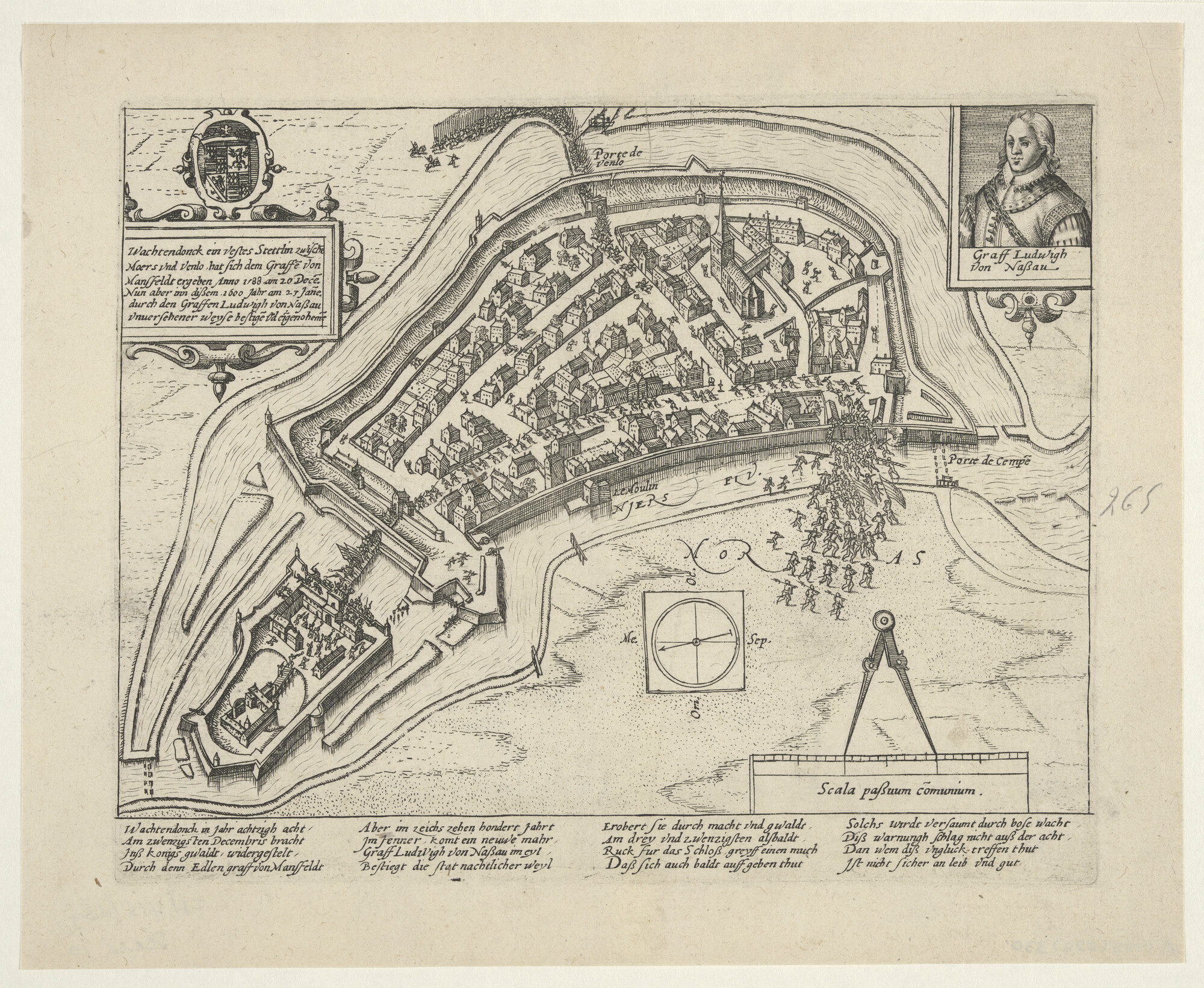 A.0145(027)330; Wachtendonk door Lodewijk van Nassau ingenomen, 23 januari 1600; prent