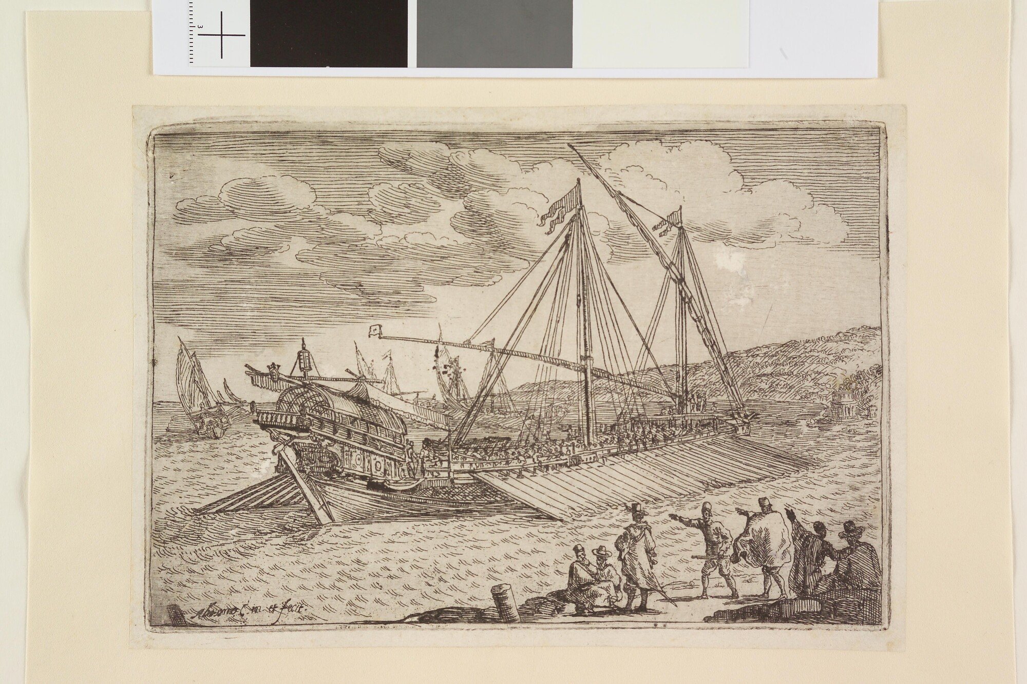 A.1287(02)6; Serie havengezichten van Messina: Een naar rechts varende galei nabij de kust; prent