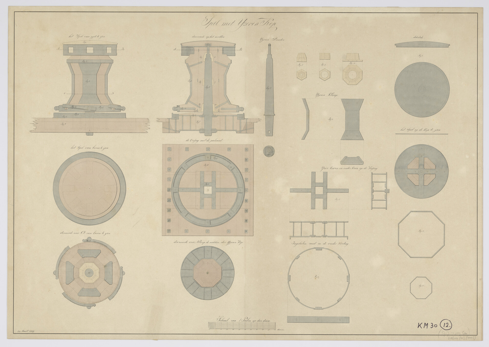 S.0600(01)005; Gangspil (ankerspil) met ijzeren kop; technische tekening