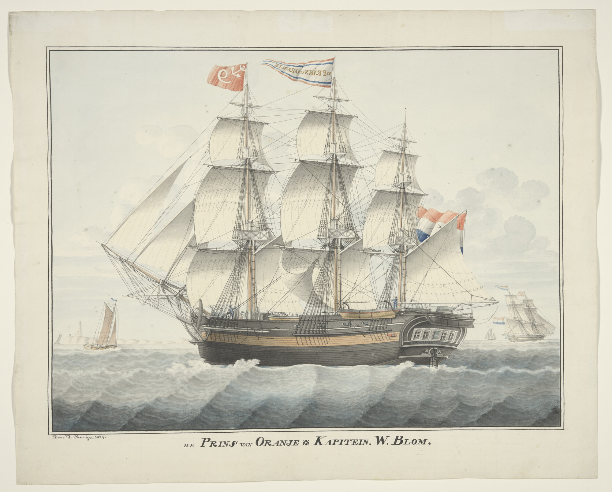 A.0370; Het fregatschip 'De Prins van Oranje'; tekening