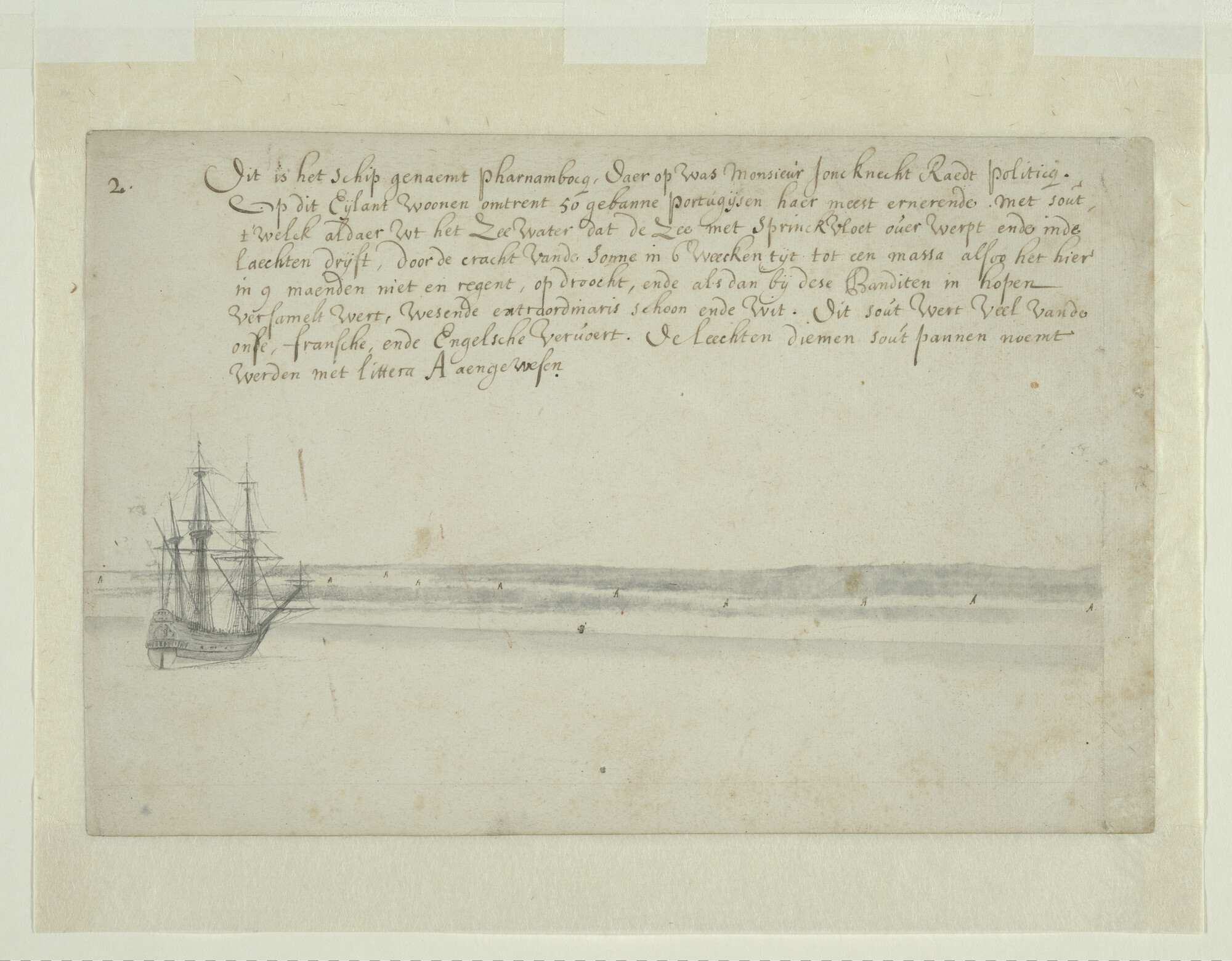 A.3490(01); Deel van een landverkenning van het eiland Maio, één der Kaapverdische Eilanden, vervaardigd tijdens de reis van Johan Maurits van Nassau naar Brazilië; tekening