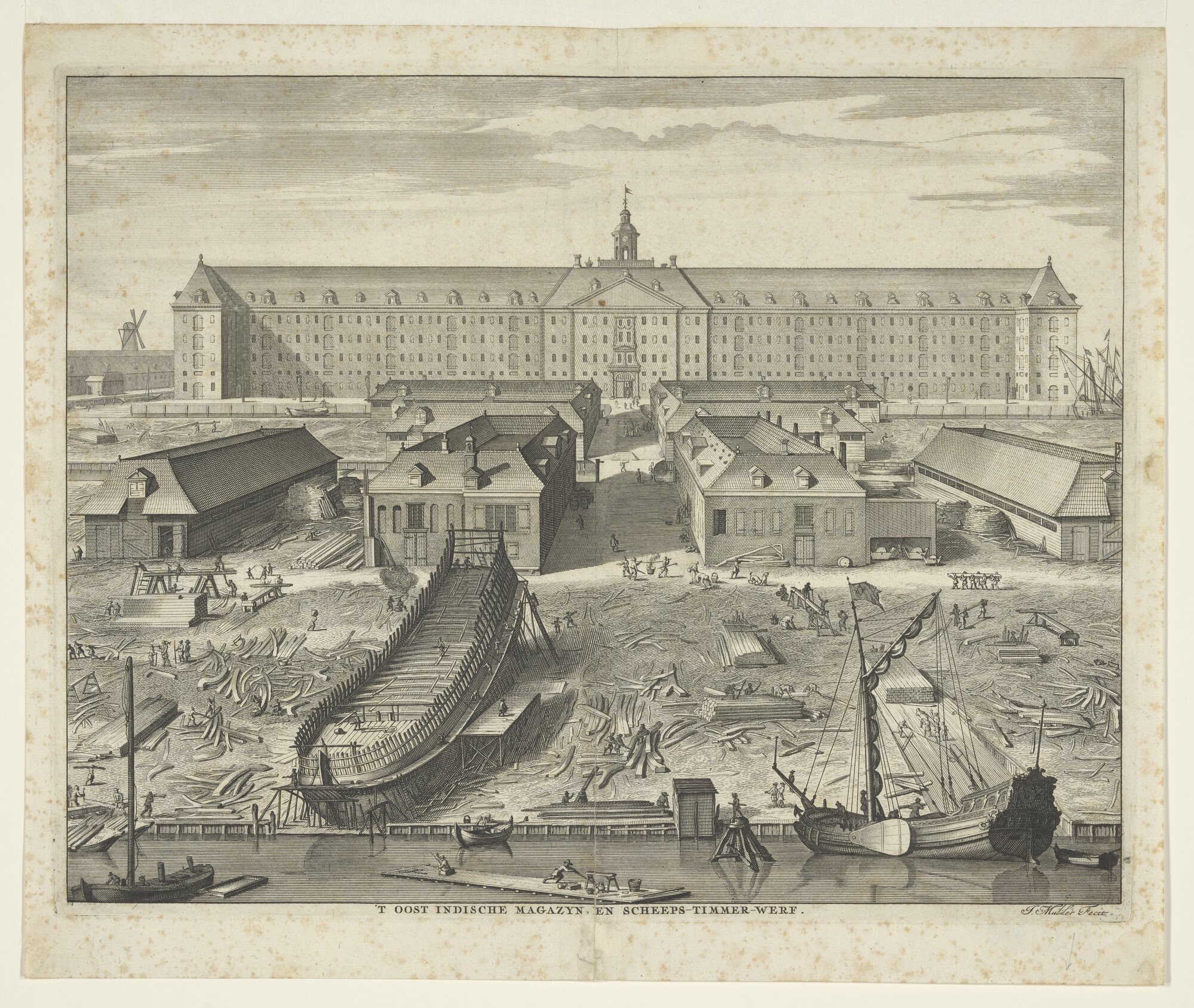 A.0149(0772); Het Oostindisch Zeemagazijn en de scheepstimmerwerf; prent