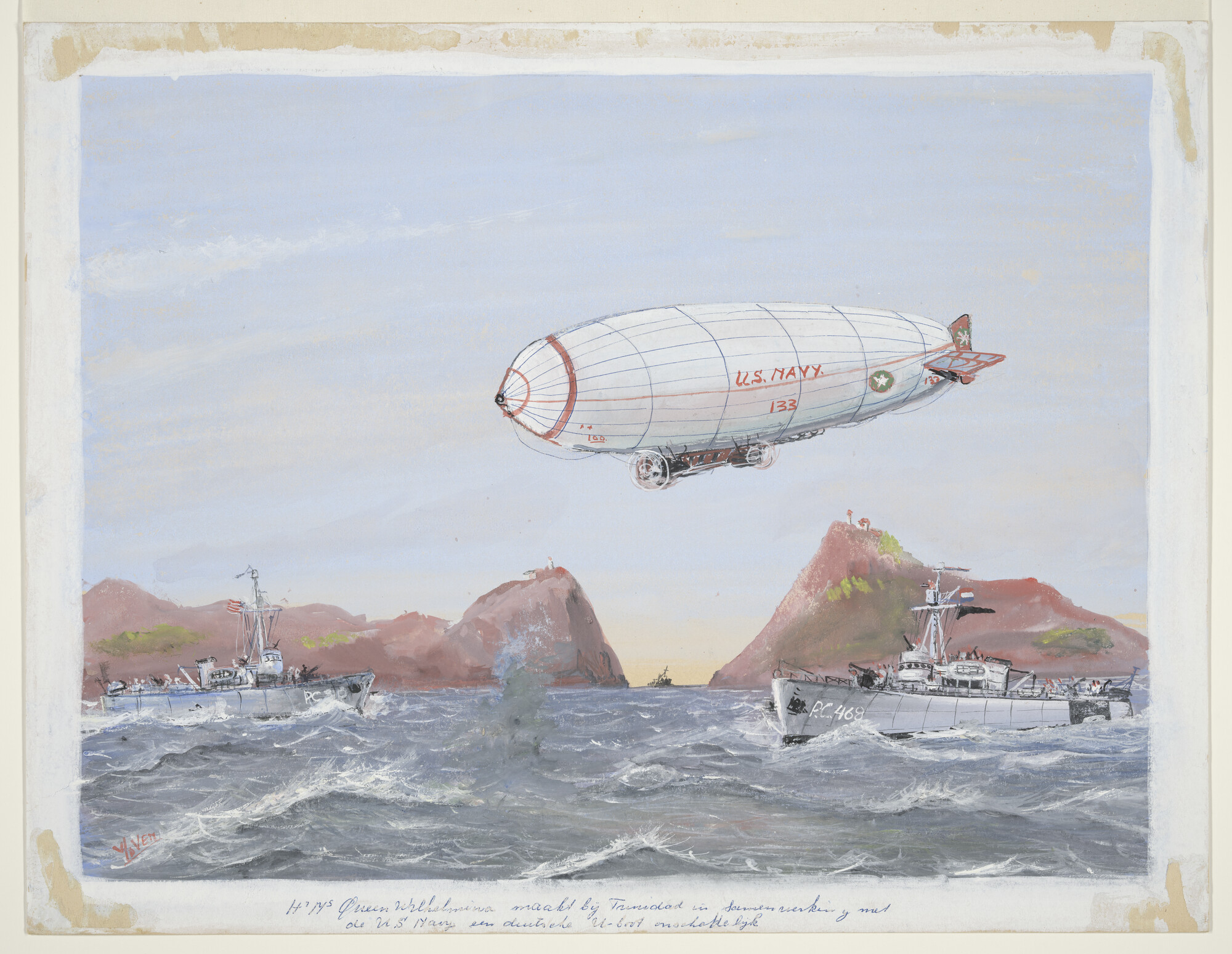 A.4471(d); De Hr.Ms. Queen Wilhelmina (ex- USS PC 468) vernietigt bij Trinidad in; tekening