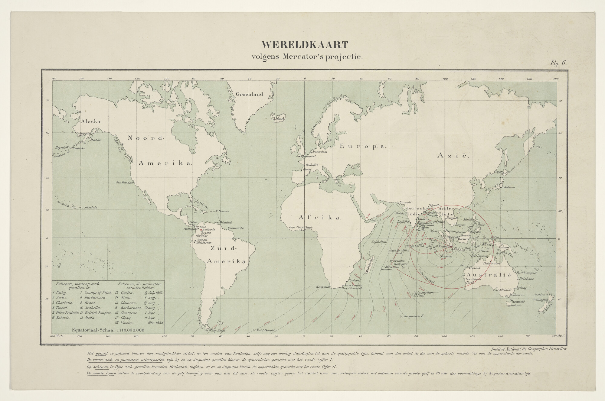 1999.0758; Gekleurde wereldkaart waarop de effecten van de uitbarsting van de Krakatau op 27 augustus 1883 zijn ingetekend; wereldkaart