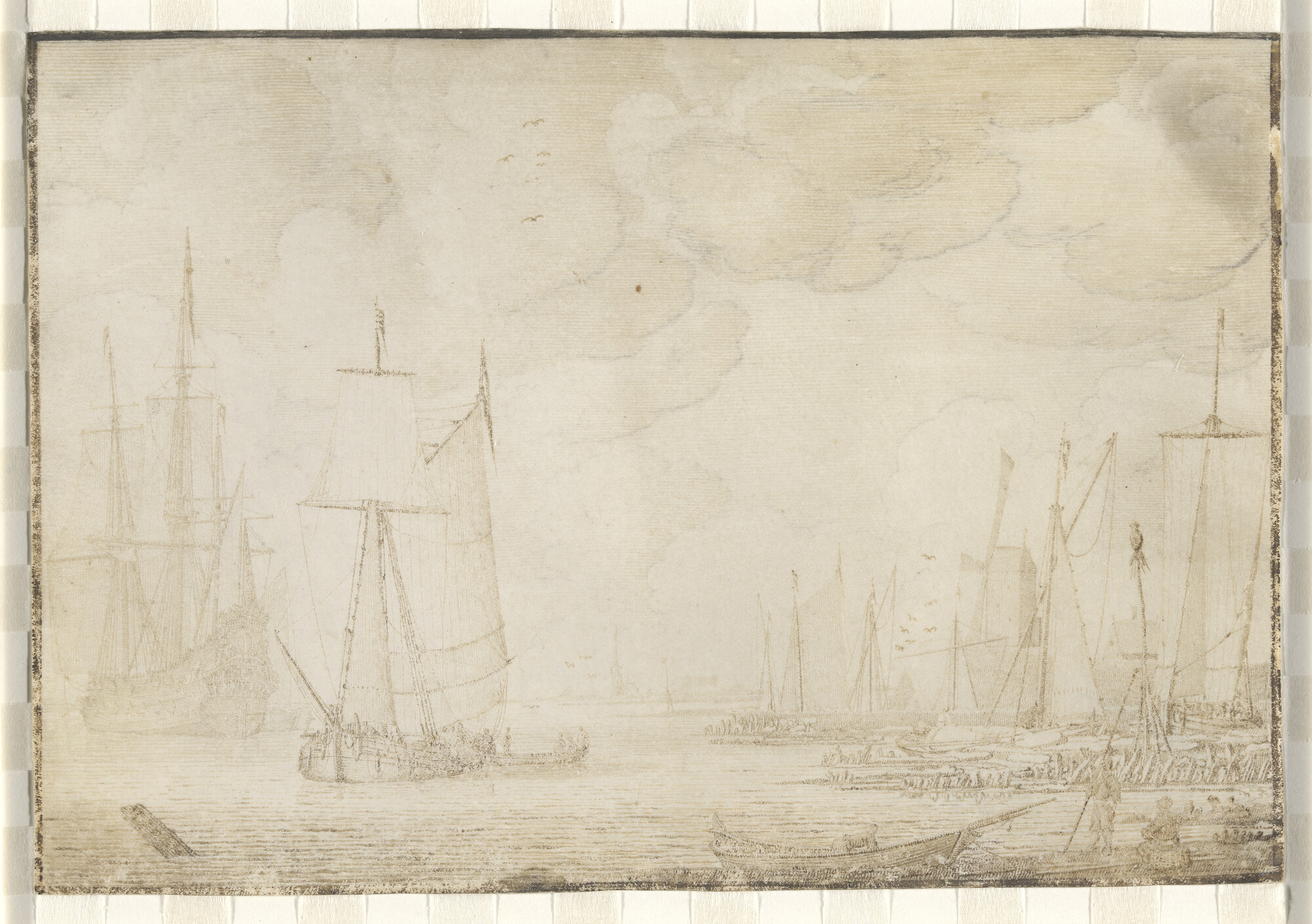 A.0085(03)2; Rede met oorlogsschip en vrachtschip; tekening