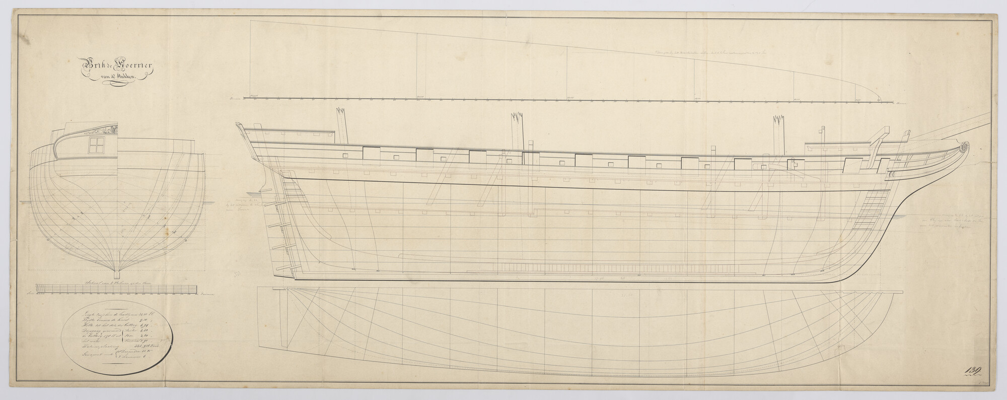 S.1214(0187); Lijnenplan van de brik Zr.Ms. 'Koerier' van 18 stukken; technische tekening