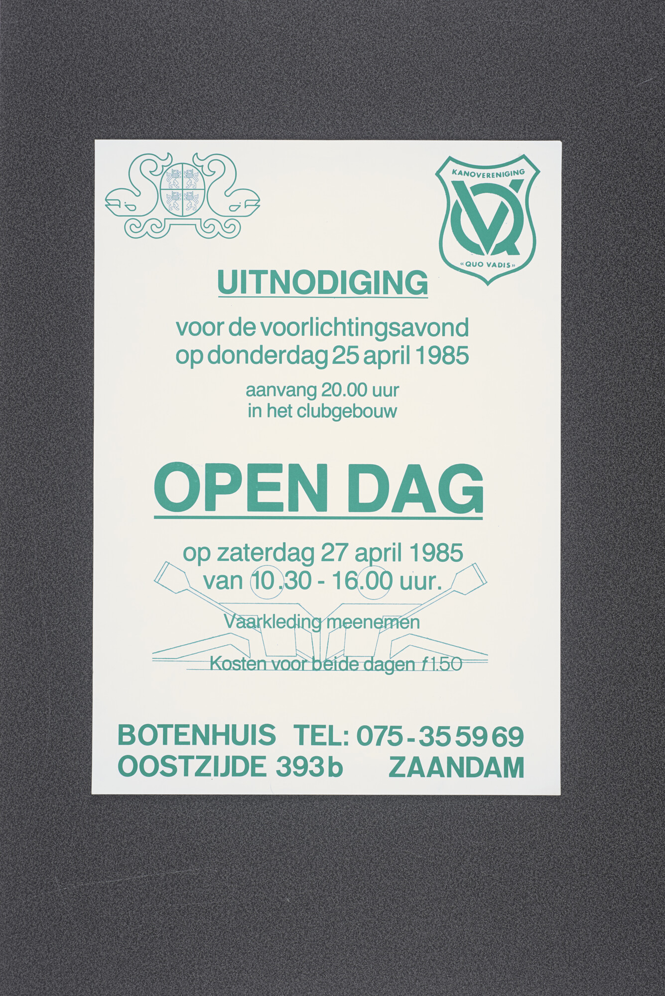2015.4750; Affiche van Kanovereniging Quo Vadis te Zaandam met een uitnodiging voor een voorlichtingsavond en een open dag; affiche