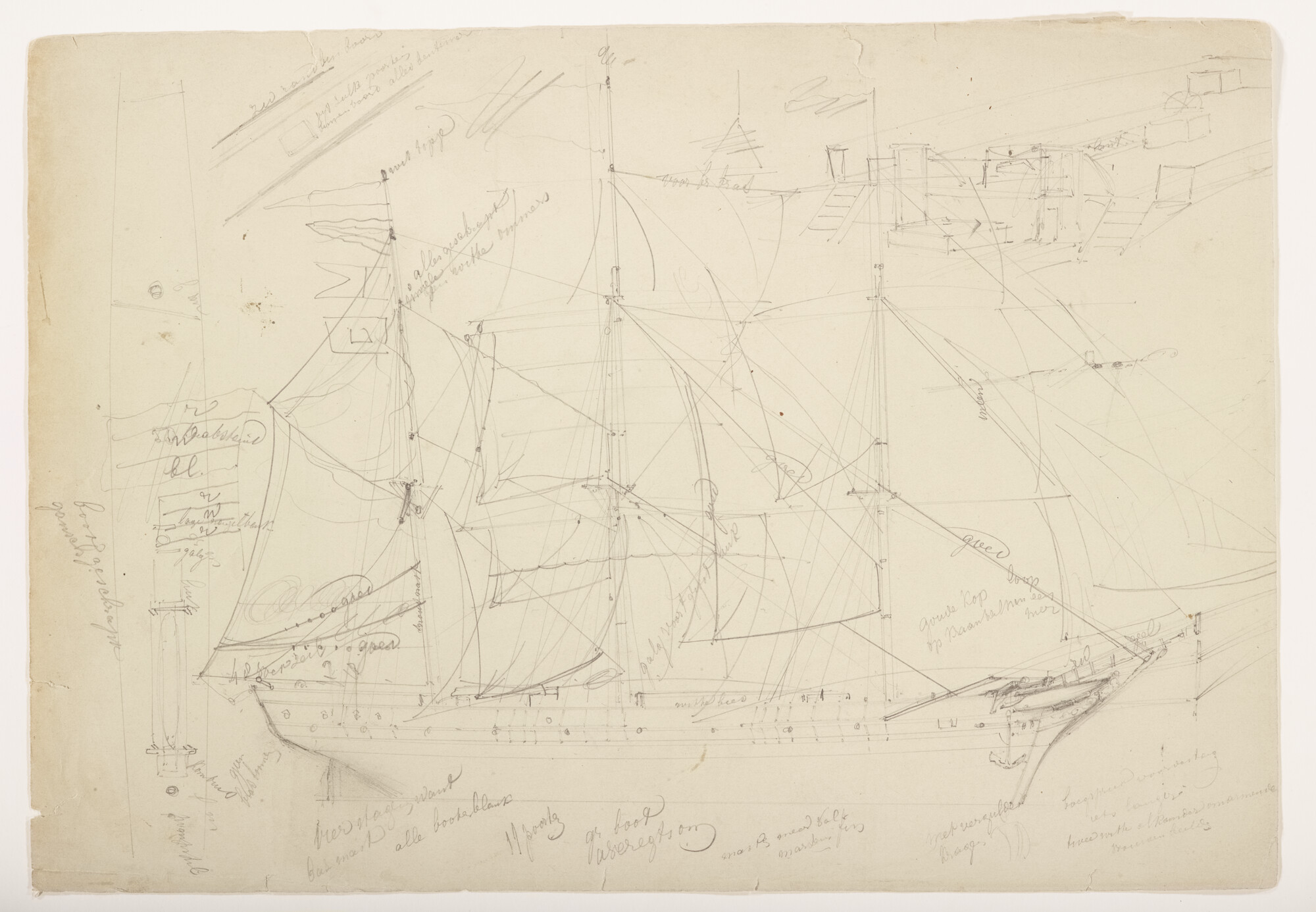 S.3107(07)051; Schets van een driemastzeilschip met een perspectiefschets van het dek; tekening