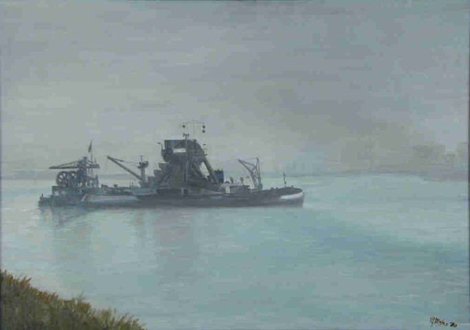 A.5137(02); De baggermolen Botlek baggerend in het Noordzeekanaal ter hoogte van Velsen; schilderij