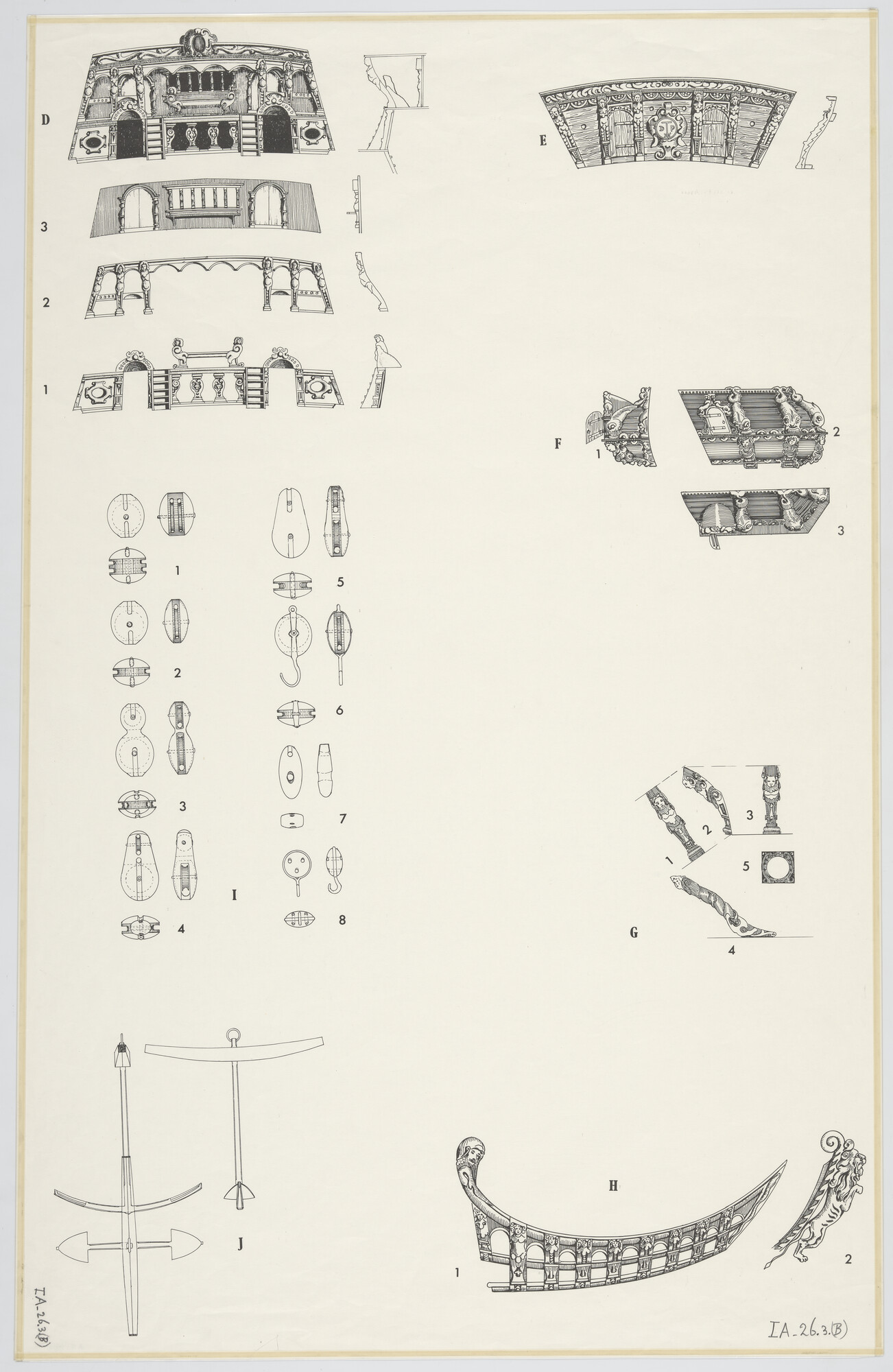 A.5580(06); Reconstructie tekeningen 'Prins Willem': Details lofwerk van spiegel, boeg, voorkant kajuit; technische tekening