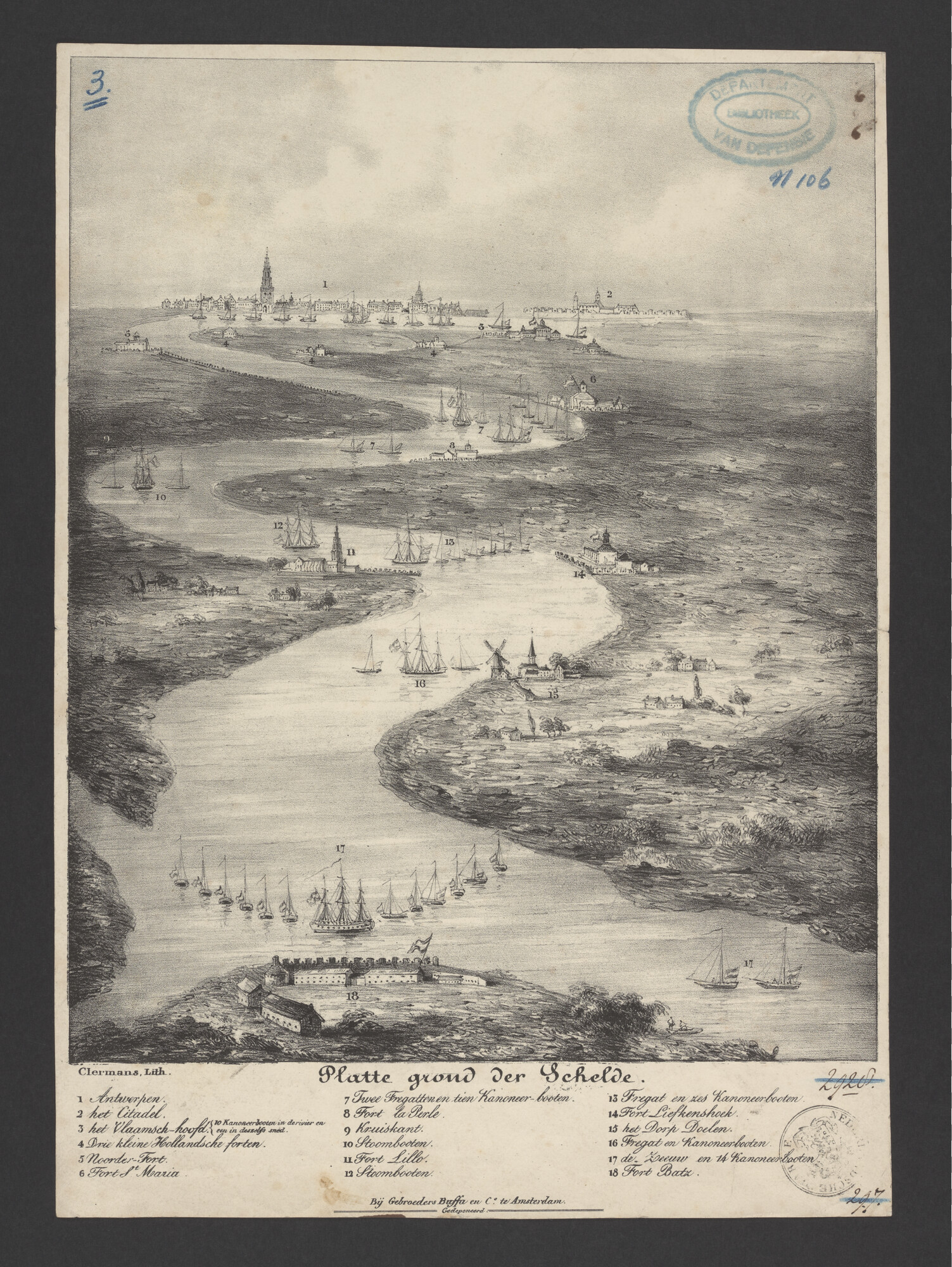 2023.0319; Prent met een vogelvlucht gezicht op de Schelde, van de situatie in december 1832; prent