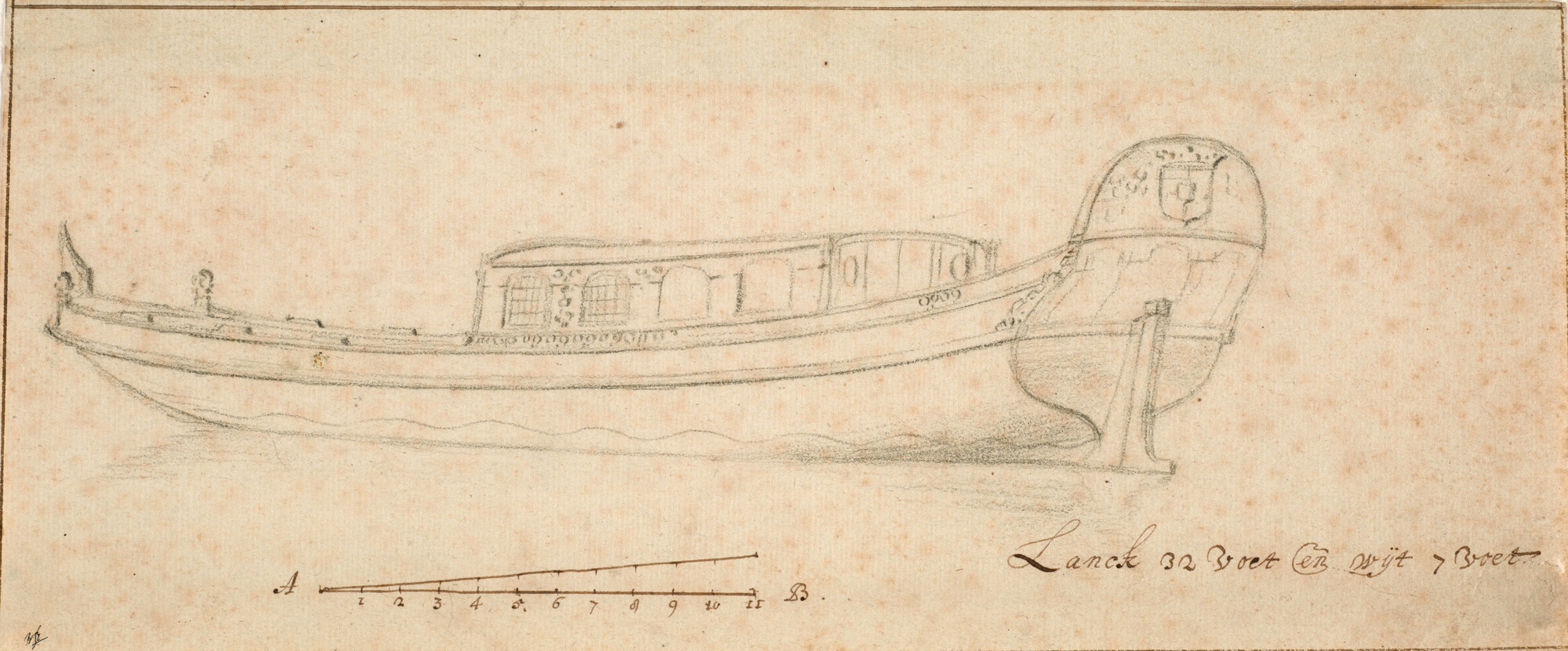 A.0149(0171); Zijaanzicht van een roeijacht met kajuit; tekening