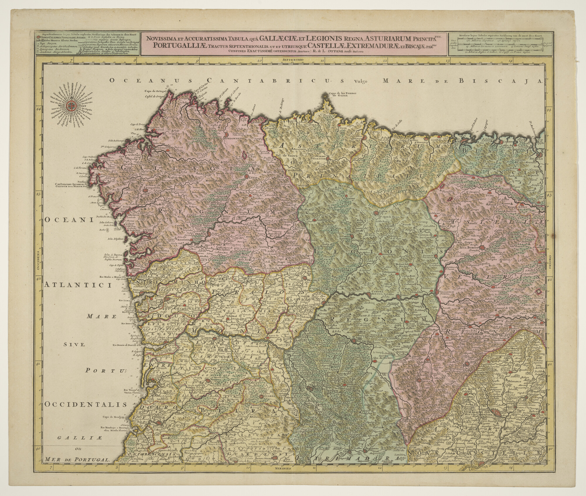 A.0145(211)110; Met de hand gekleurde kaart van het noordwesteljke deel van Spanje en Noord-Portugal; landkaart