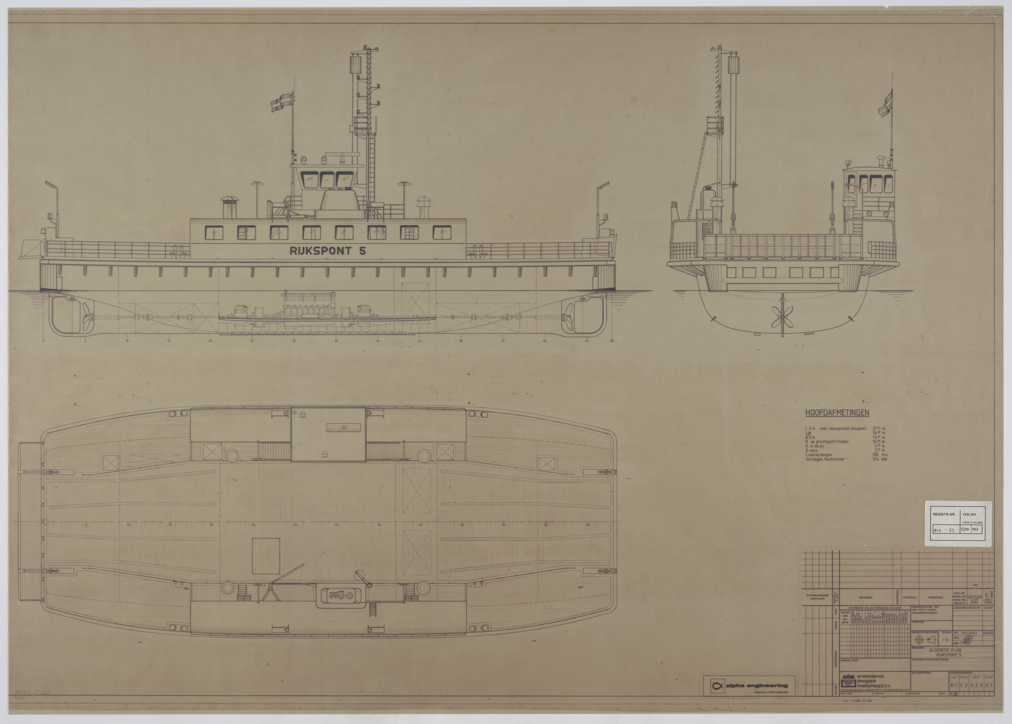 2013.0579; Algemeen plan van de Rijkspont 5 van 37 meter; technische tekening