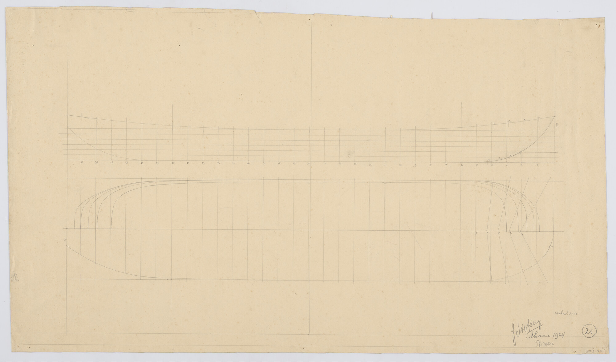 S.1225(03)29; Lijnenplan van een vlet of kagenaar, maart 1924; technische tekening