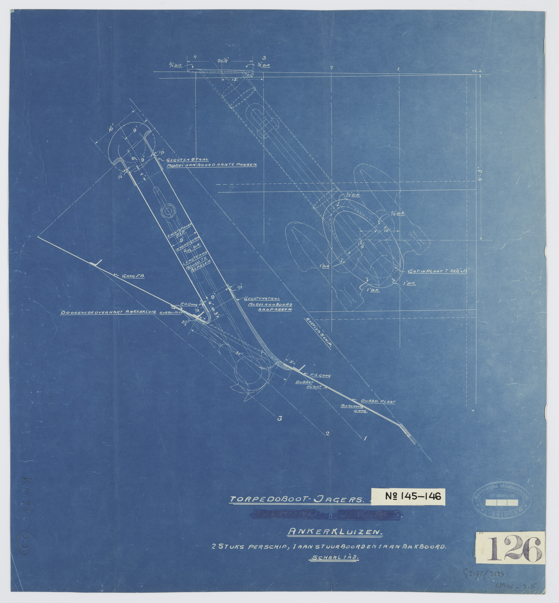 S.2175(3633); Doorsneden over de ankerkluizen van de torpedobootjagers Hr.Ms. Lynx en Hermelijn; technische tekening