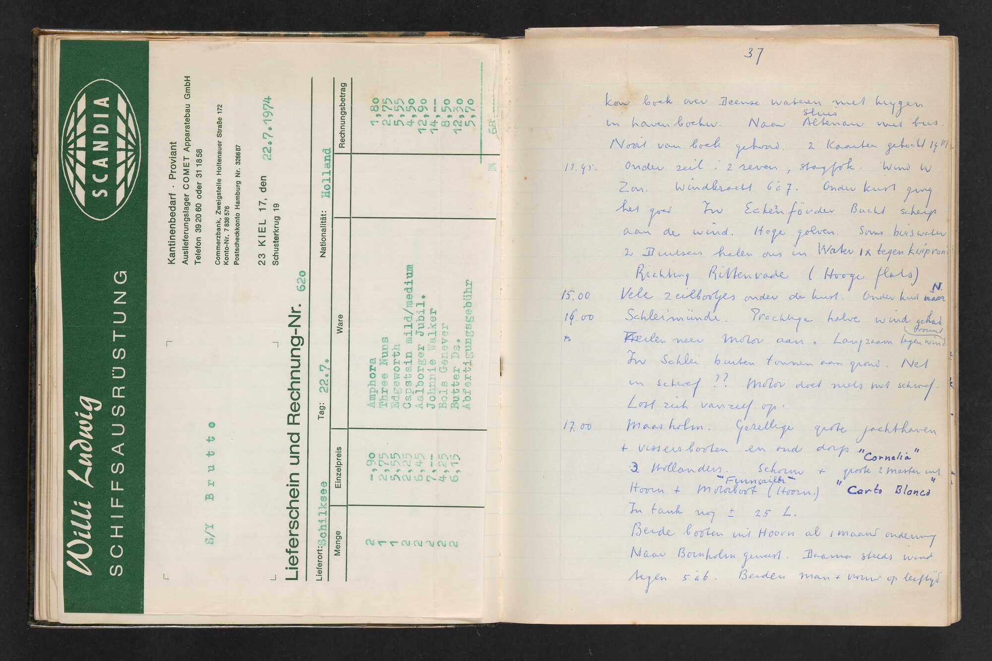 2017.0802; Logboek c.q. fotoalbum van reizen met zeeschouw Grutto (II) in Nederland, Duitsland en Denemarken, 1973-1974; logboek