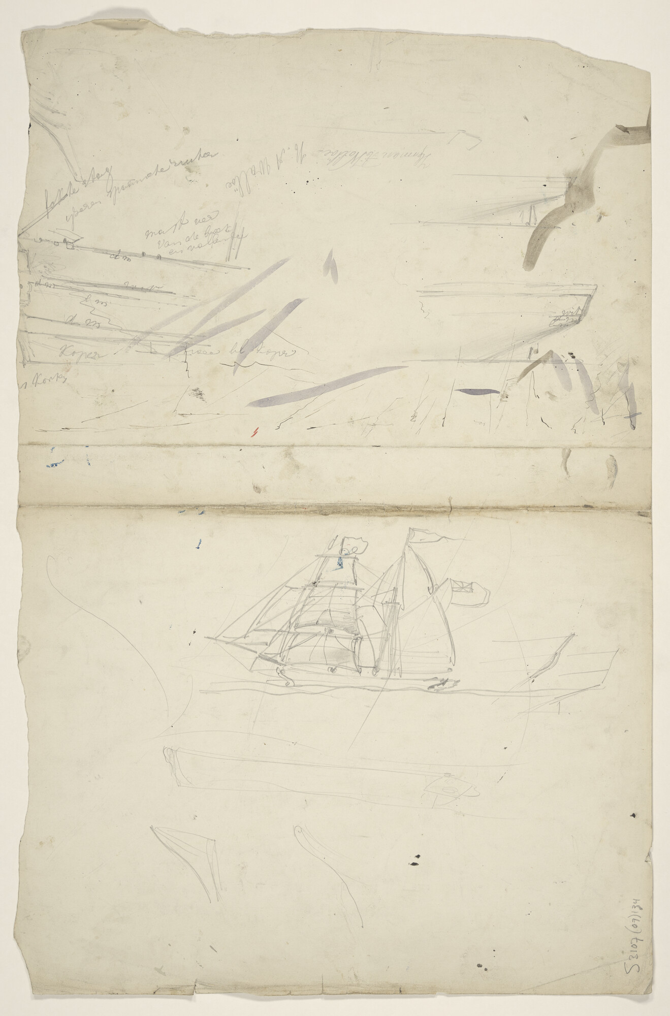 S.3107(07)134; Vier schetsen van een tweemastzeilschip; tekening