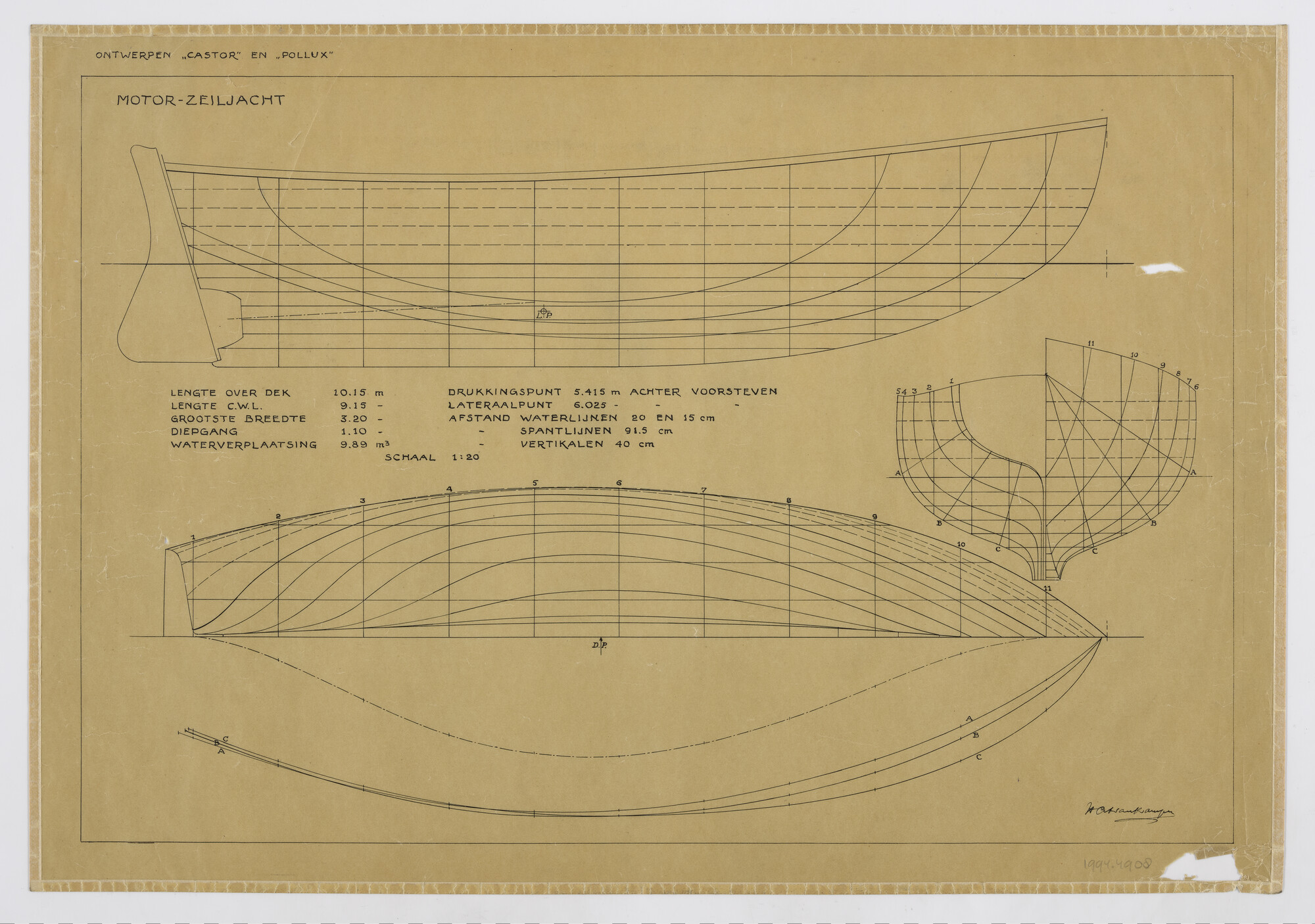 1994.4908; Lijnenplan motor-zeiljachten Castor en Pollux; technische tekening