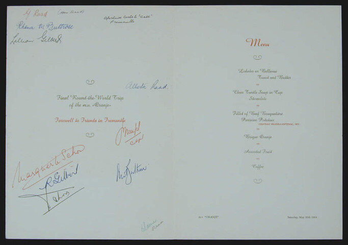 1994.4636; Menukaart voor een afscheidsdiner aan boord van ms. 'Oranje', van de SMN op 30 mei 1964; menukaart
