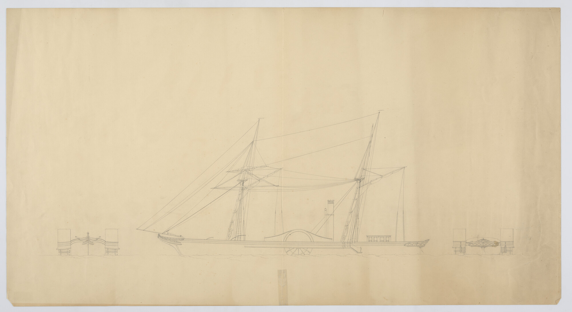 S.2891(01)1; Zijaanzicht, vooraanzicht, achteraanzicht van de raderboot 'Willem II'; technische tekening