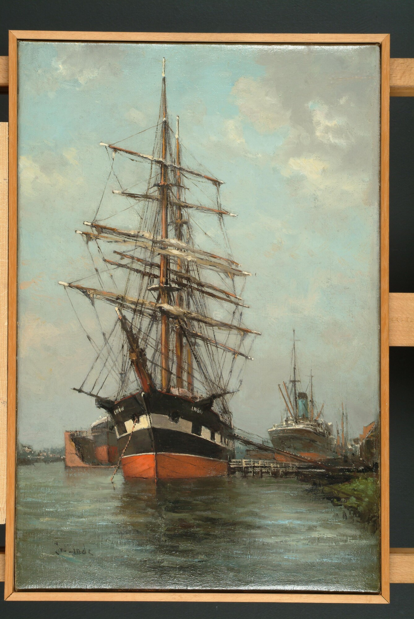 S.5469(03); Het fregatschip Lwow afgemeerd aan de wal; schilderij