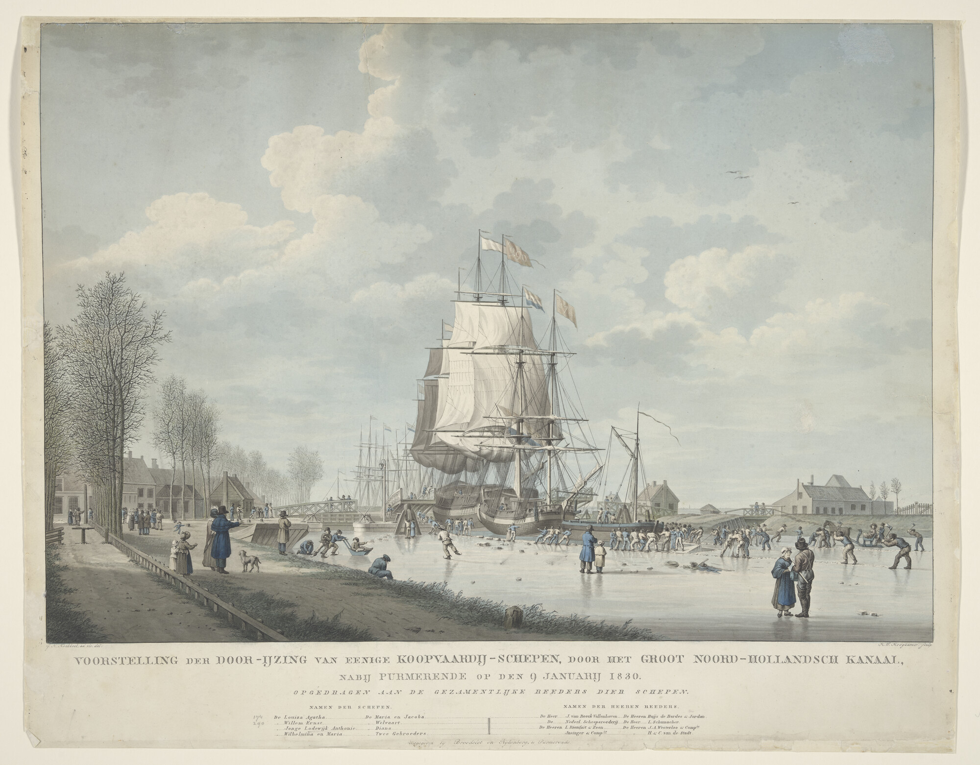 A.3580; Het door-ijzing van enige schepen door het Groot- Noord-Hollands Kanaal, 1830; prent