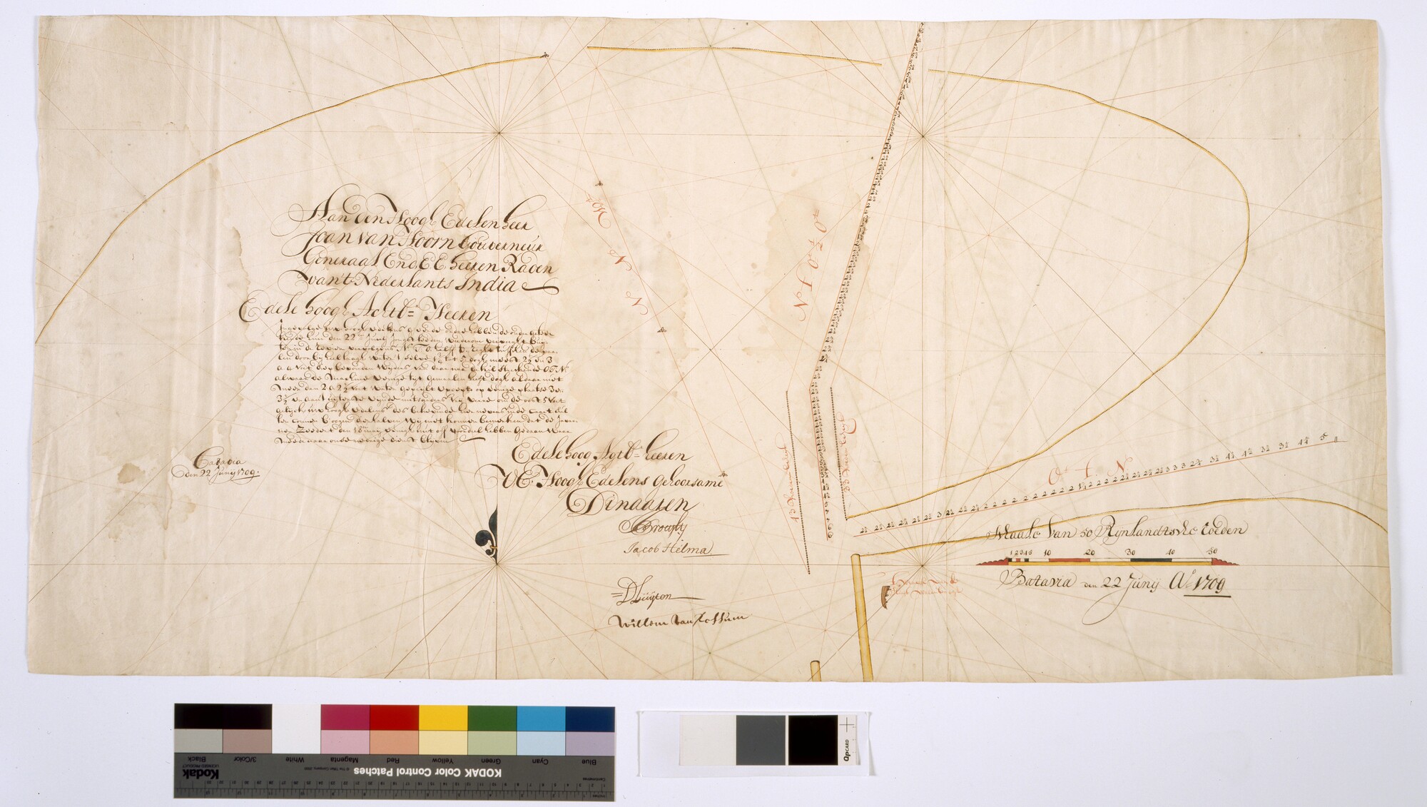A.3460(01); Kaart met lodingen van twee vaargeulen op de rede van Batavia, 1709; zeekaart