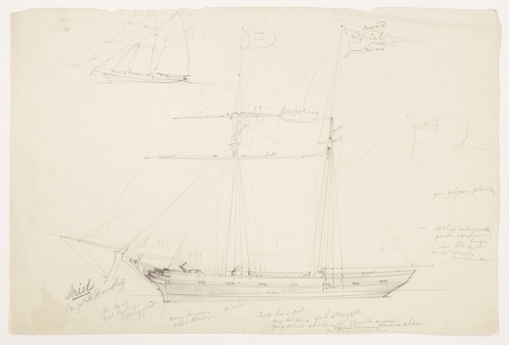 S.3107(07)175; Schets van het tweemastzeilschip Ariel; tekening