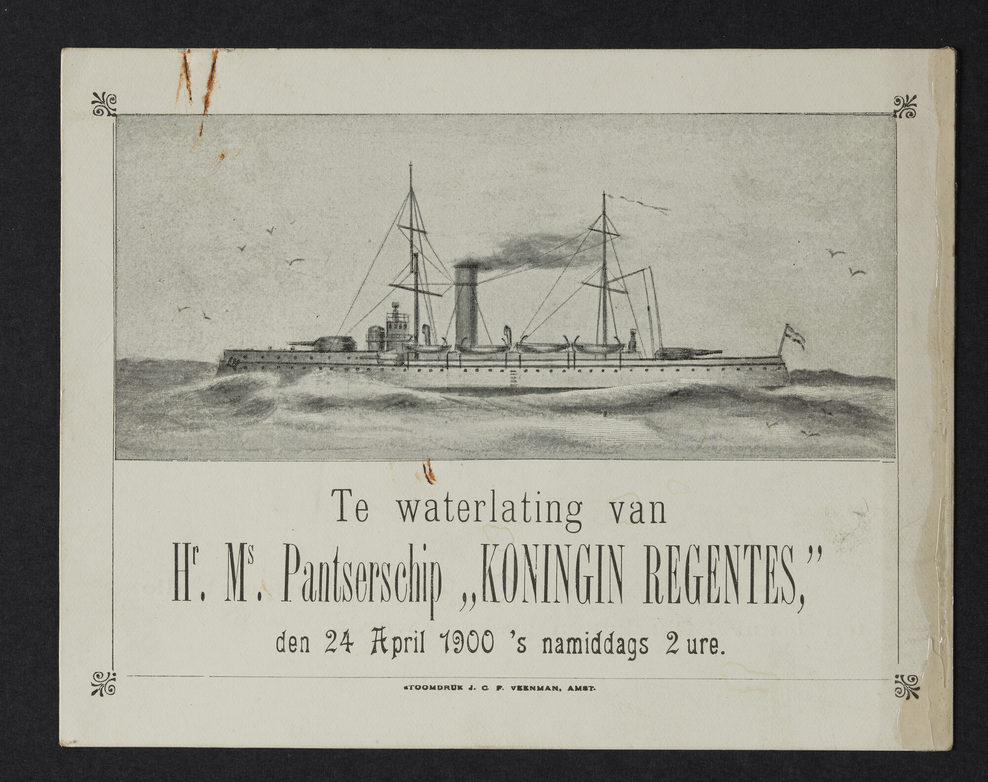 S.5232(27)3; Toegangsbewijs tot de tewaterlating van pantserschip Hr.Ms. Koningin Regentes; toegangsbewijs