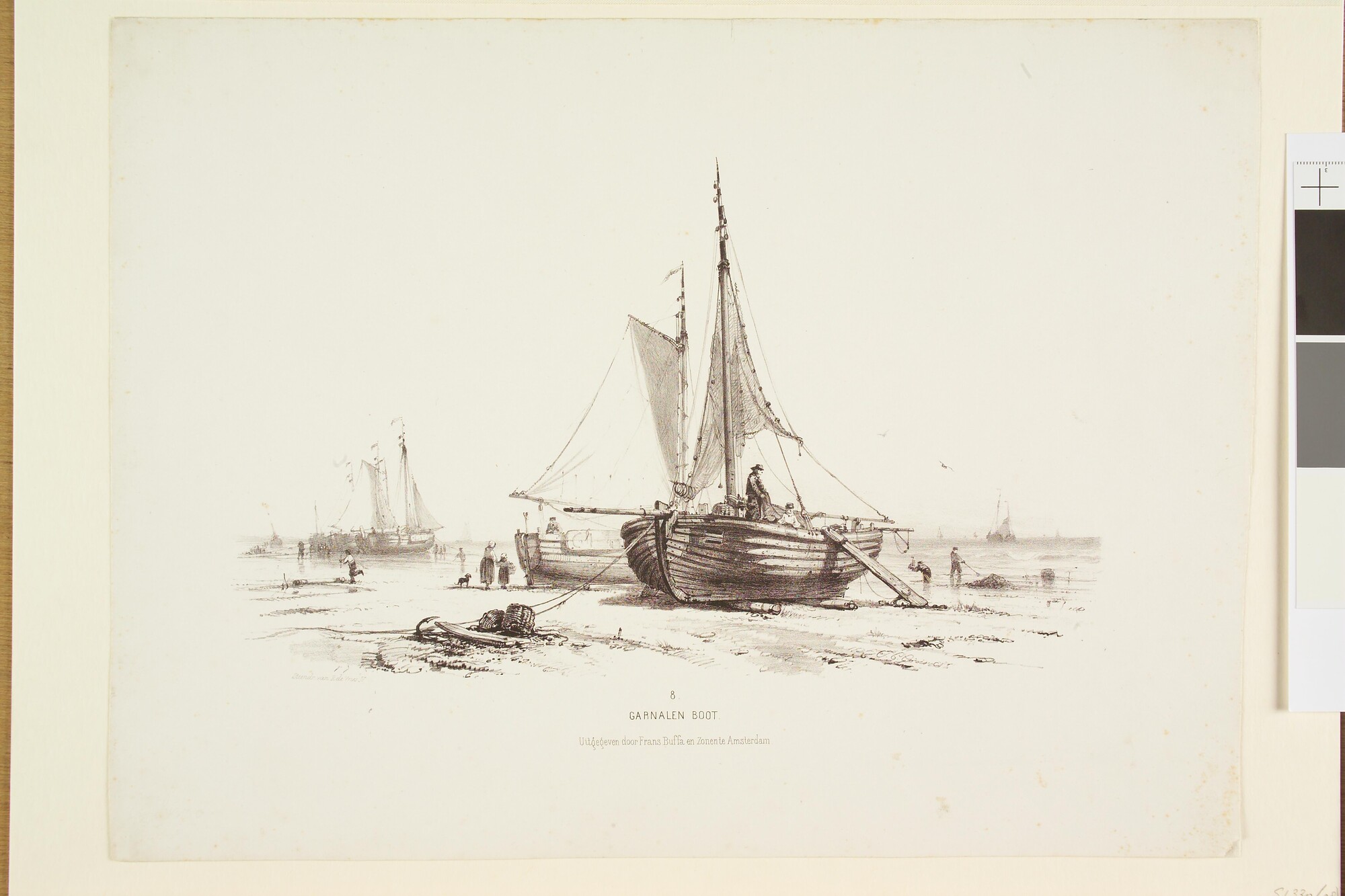 S.1330(08); Prentserie "Studien van Hollandsche Schepen", nummer 8: een garnalenschuit op het strand; prent
