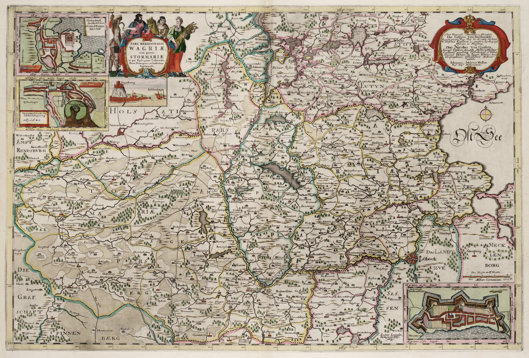 S.1034(02) [kaart 021]; Kaart van het zuidelijke deel van Wagrien, met inzetkaarten met plattegronden van Travemunde, Eutin in 1648 en plattegrond en aanzicht van Segenburg in 1648; landkaart