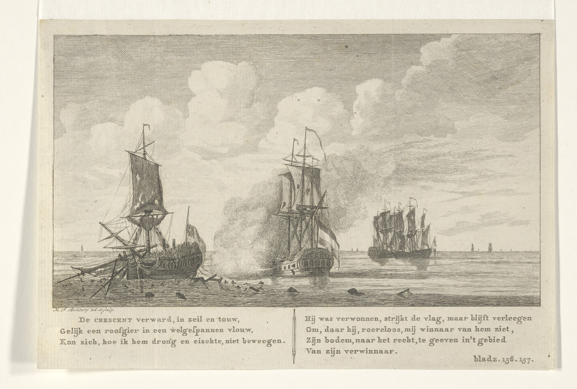 S.2644(13); Prent van het gevecht tussen het Engelse schip De Crescent en een Hollands schip; prent