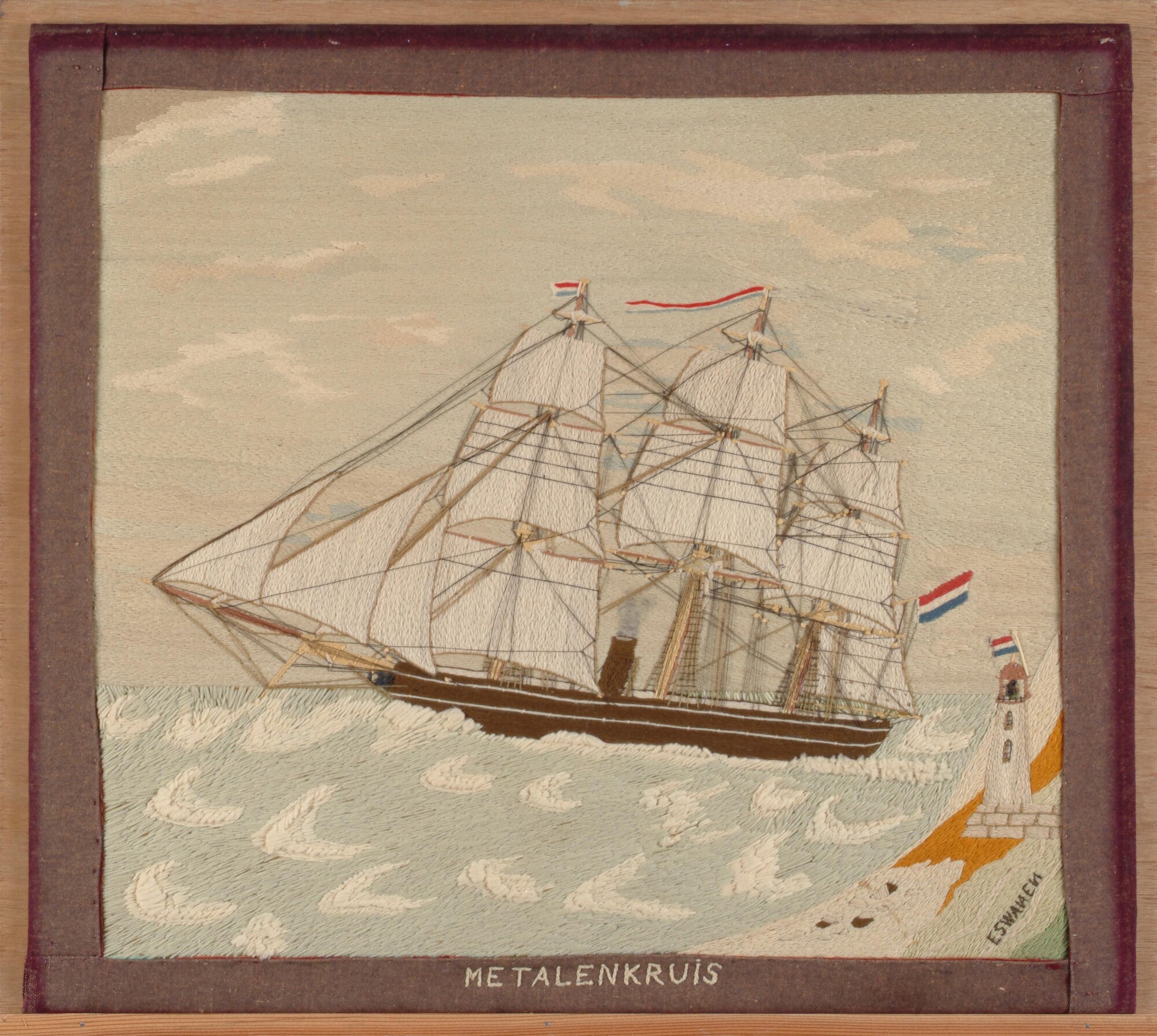 2003.0104; Het schroefstoomschip 1ste klasse Zr.Ms. "Metalen Kruis"; textielschilderij