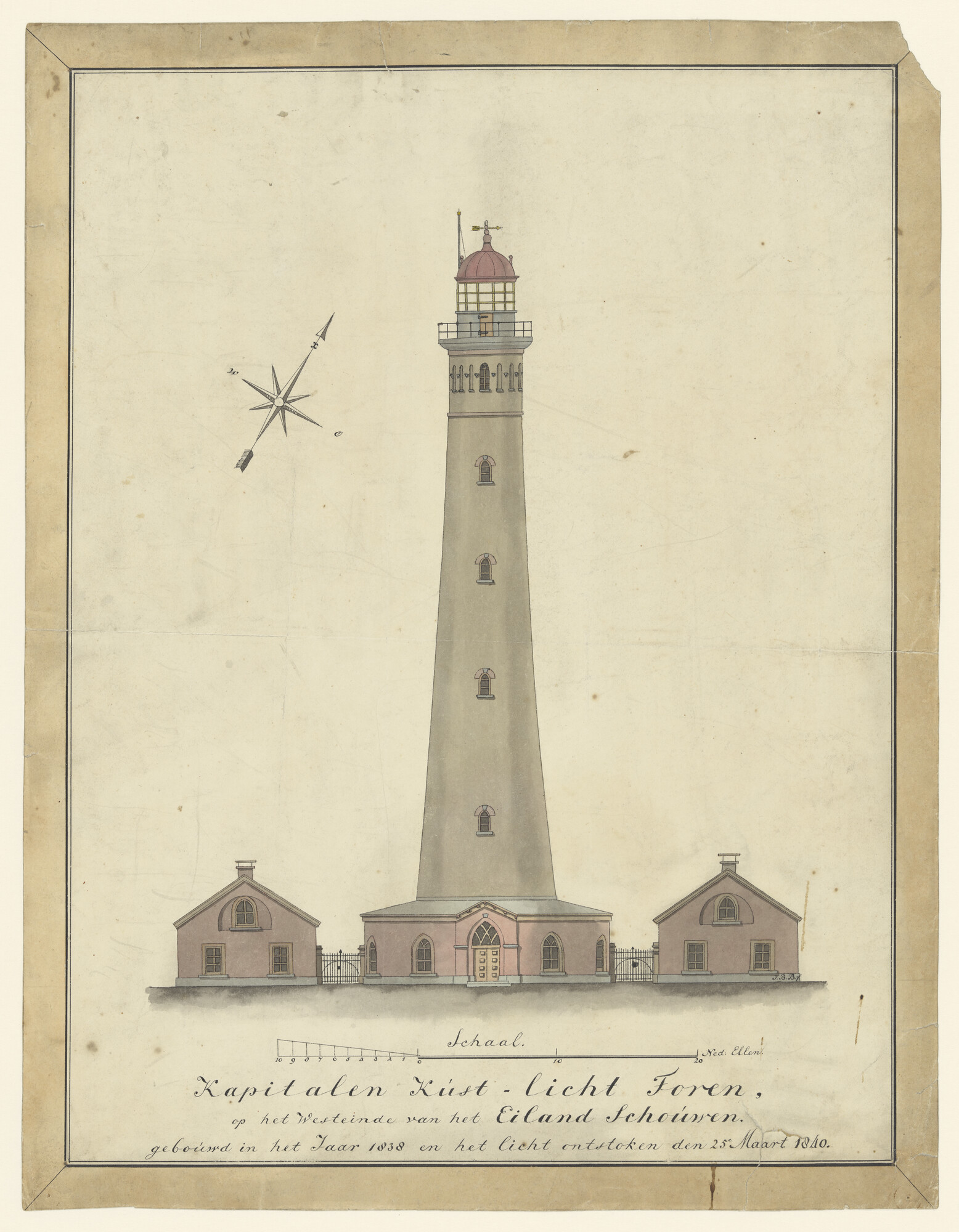 S.4459; De vuurtoren van Nieuw Haamstede op het eiland West Schouwen, omsteeks 1840; tekening