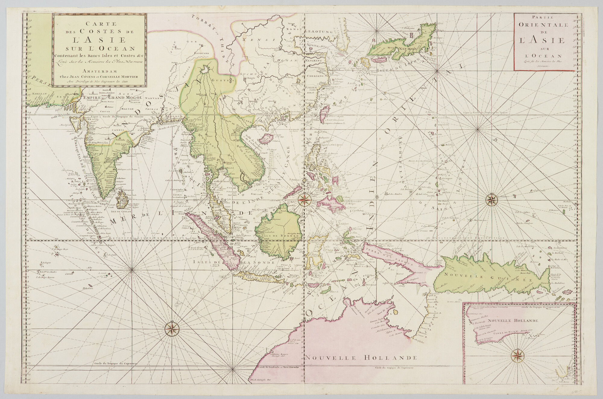 A.0145(211) [nr 0168]; Met de hand gekleurde kaart van Azie, met detailkaart van Kaap Leeuwin en omgeving; zeekaart