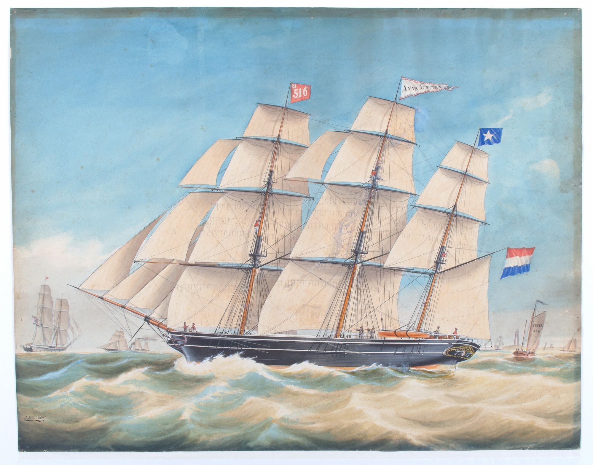 A.0426(03); De kruisbark Anna Justina en de loodsboot Texel No. 8 bij Huisduinen; tekening