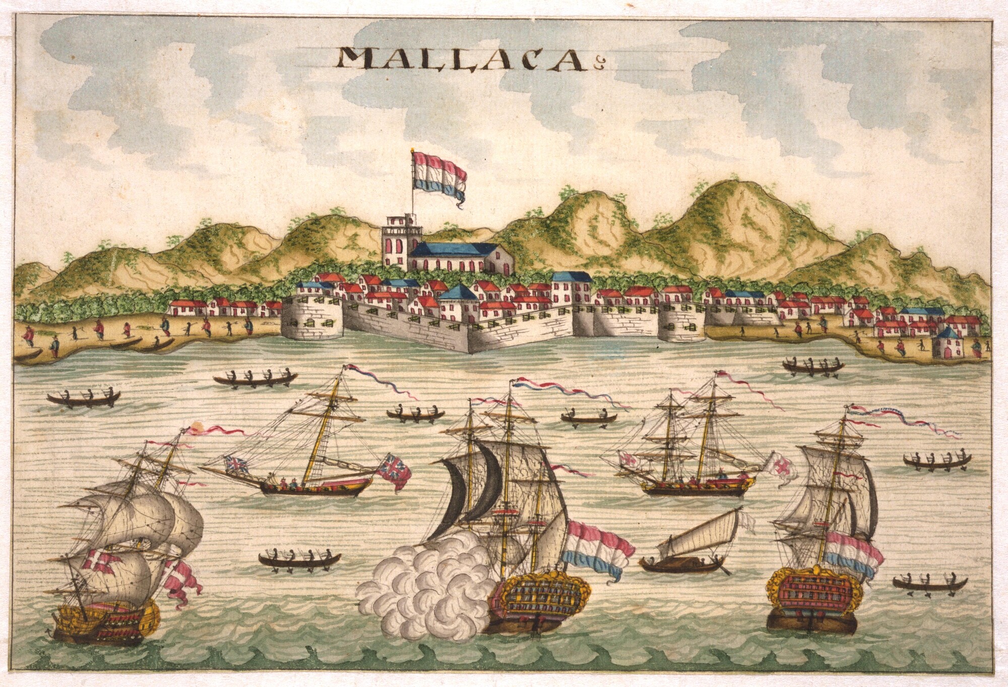 A.1398(02); Scheepvaart op rede van Malakka, ca. 1750; tekening