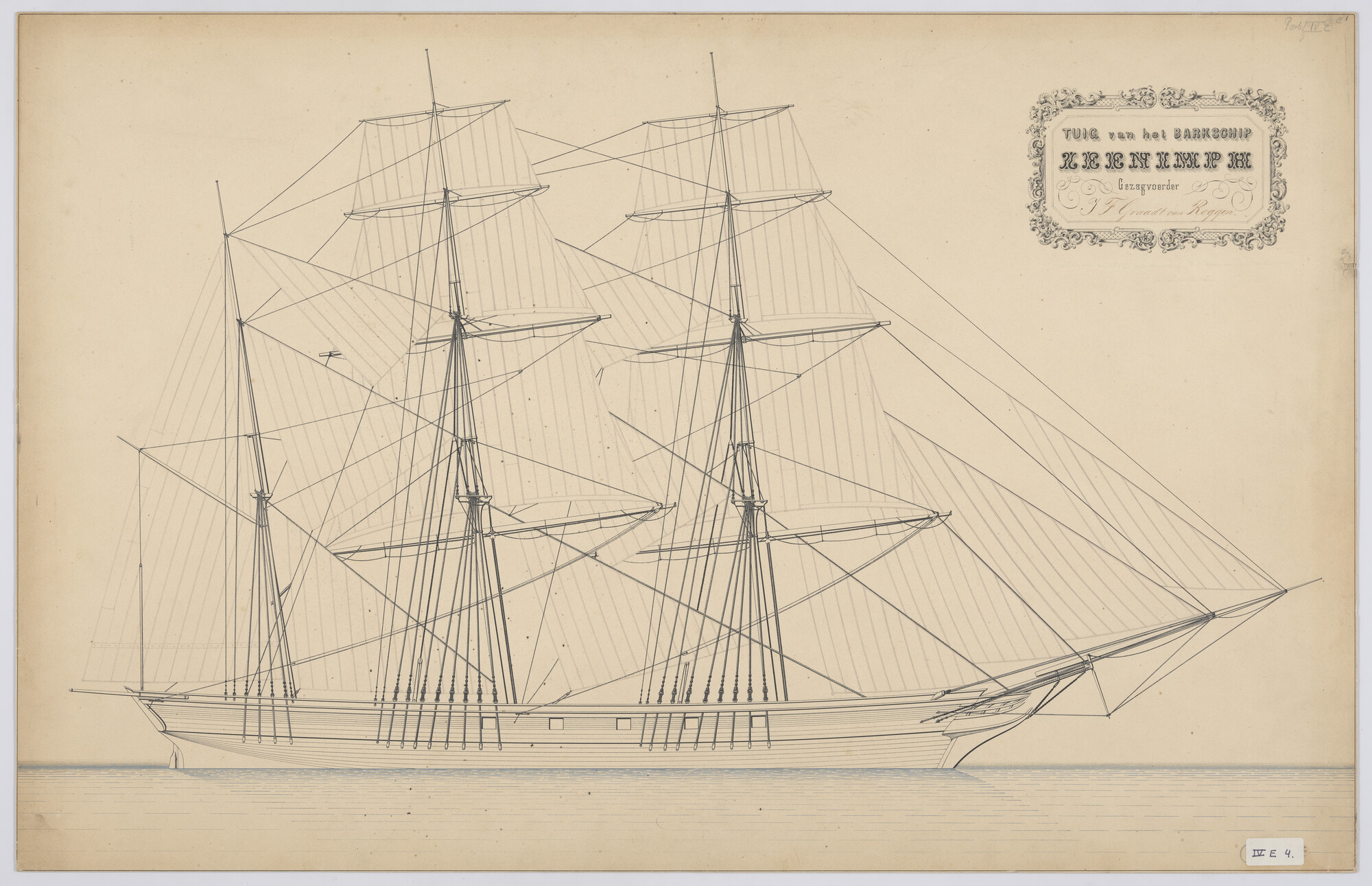 S.0734; Tuigplan van het barkschip Zeenimph; technische tekening