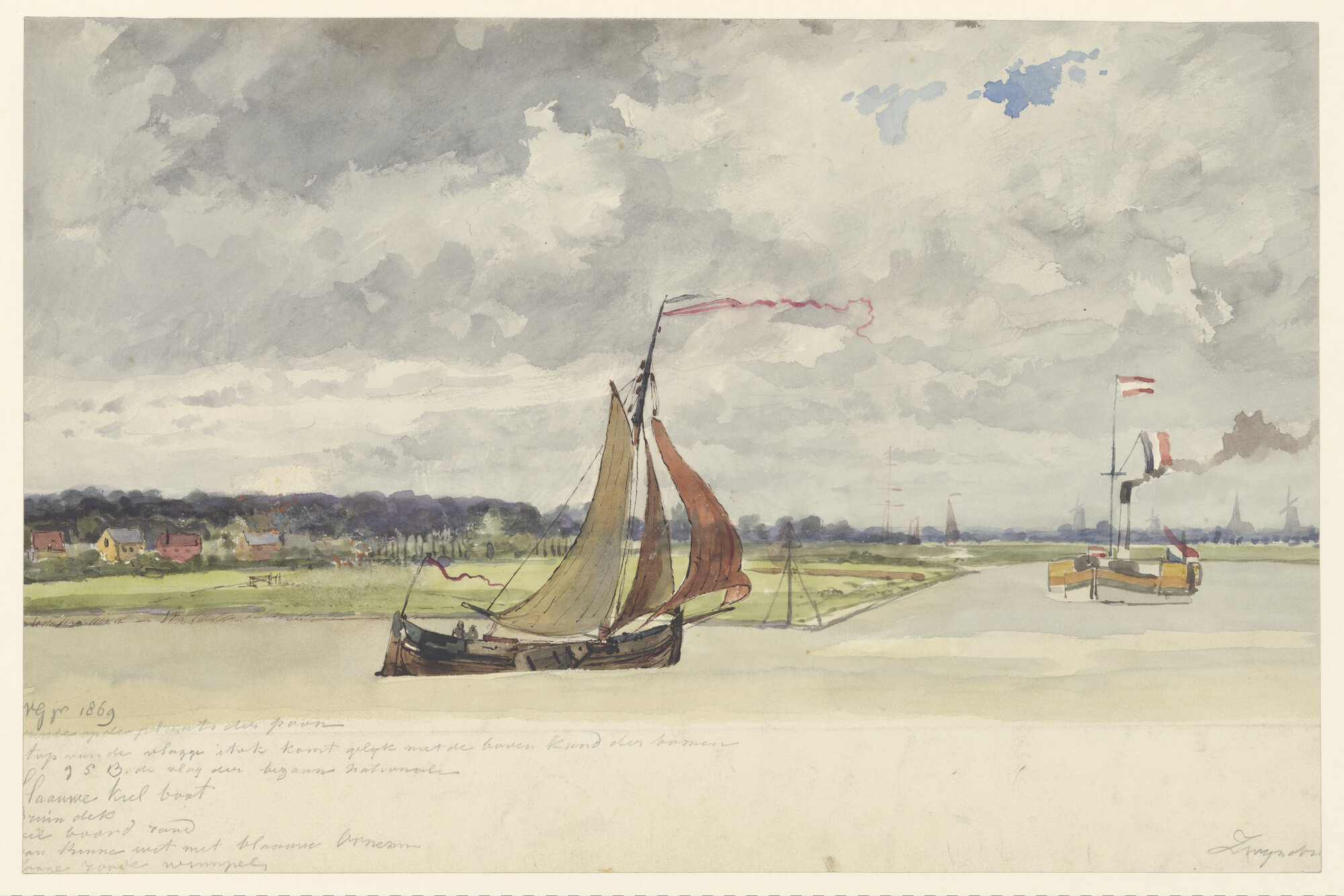 A.5369(08); Een poon en een raderstoomschip op de Oude Maas bij Zwijndrecht; tekening