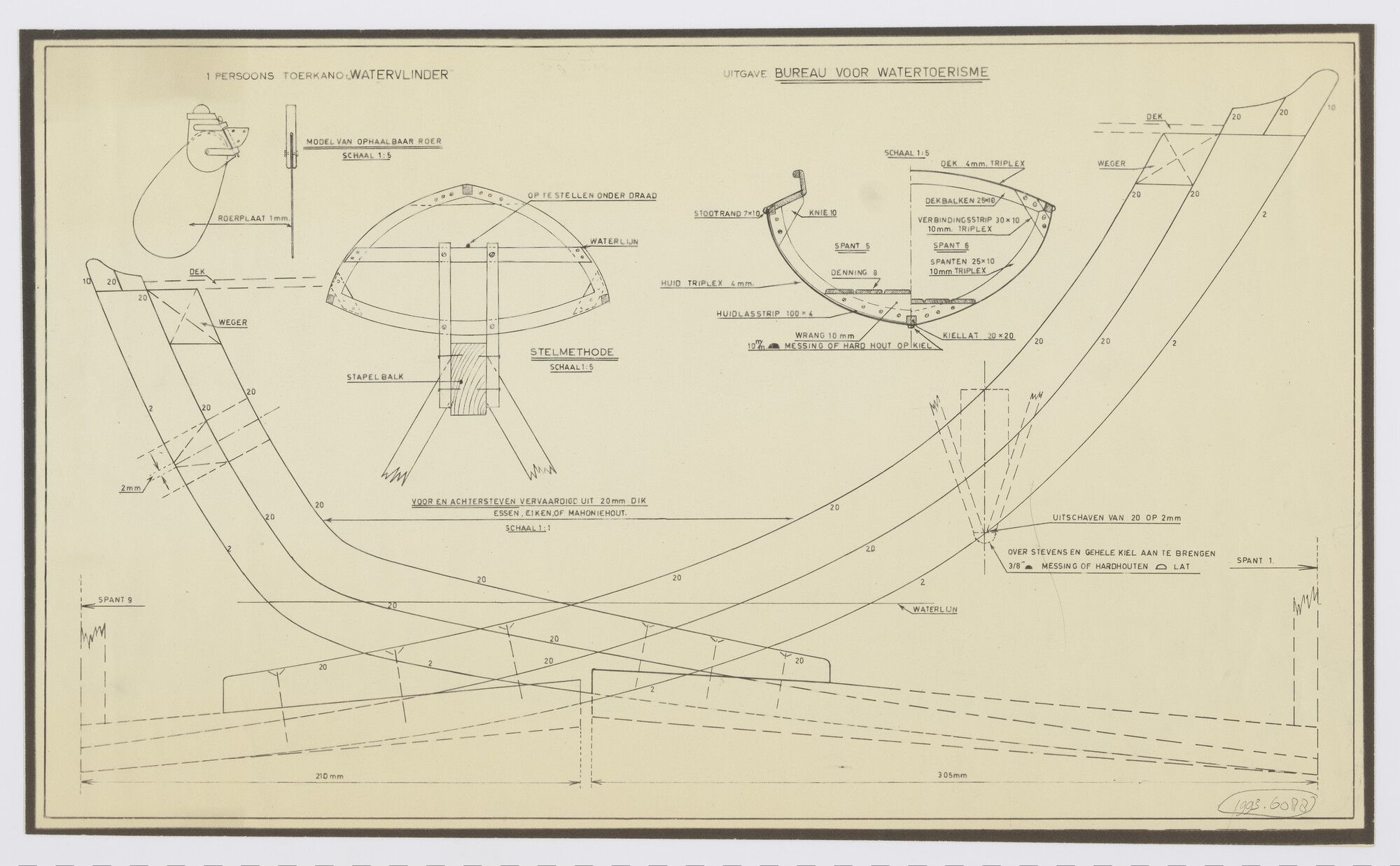 1993.6088; Constructietekening eenpersoons toerkano Watervlinder; technische tekening