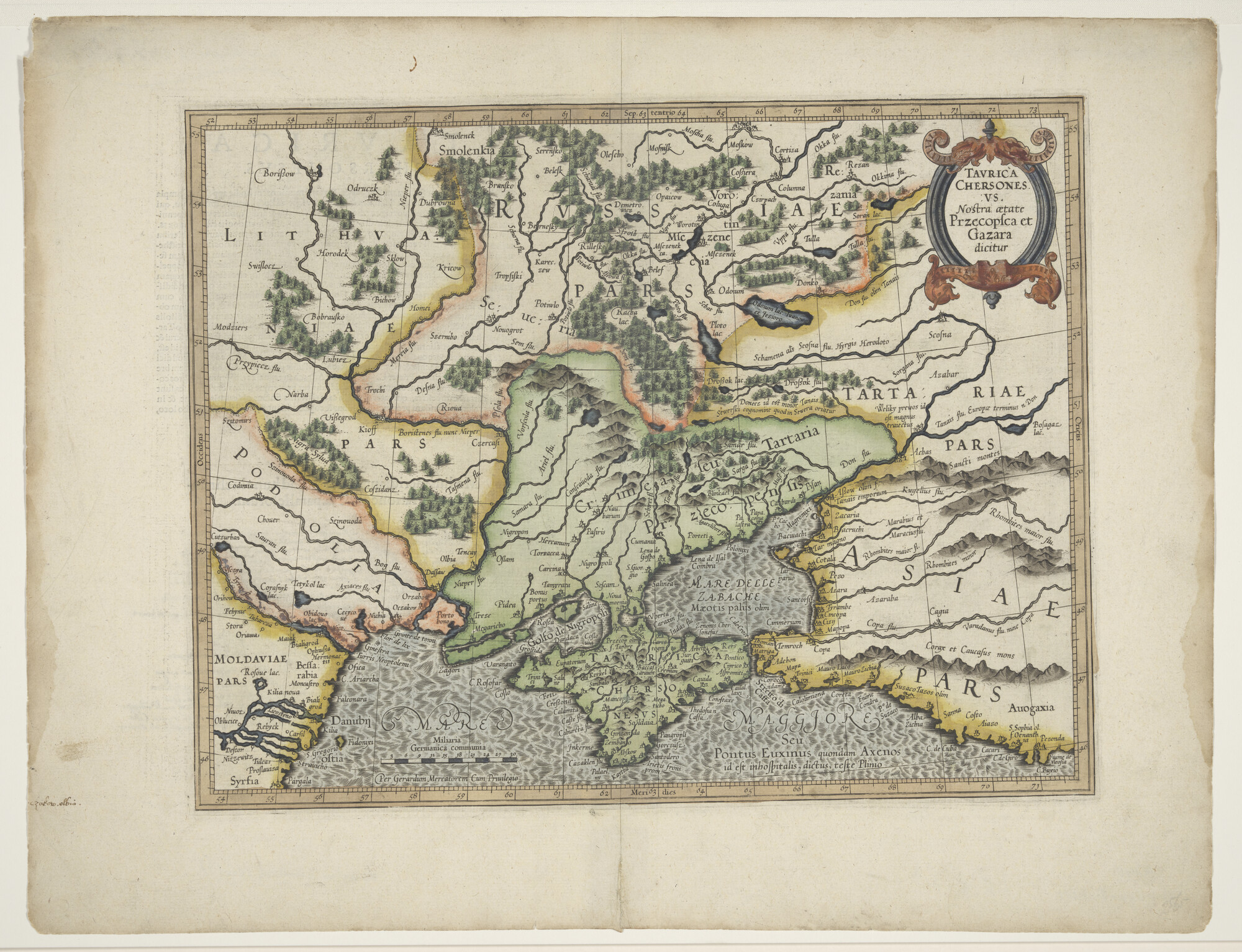 A.0145(211)017; Met de hand gekleurde kaart van de Krim door Gerardus Mercator te Duisburg, circa 1595; landkaart