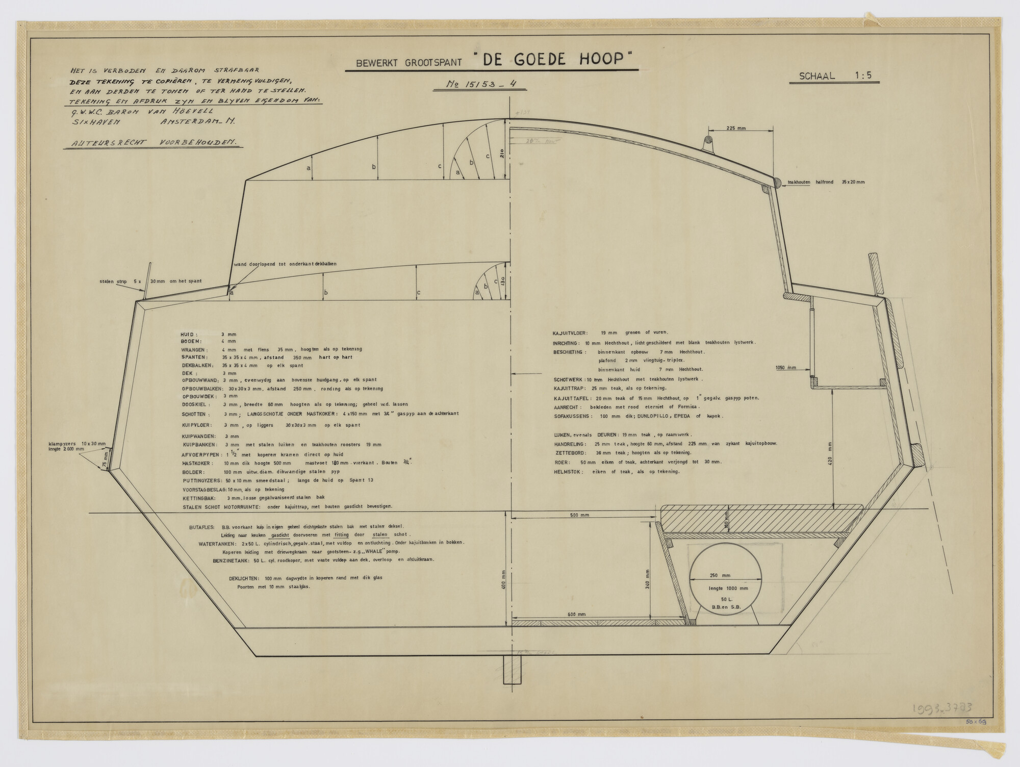 1993.3783; Bewerkt grootspant van de Tholense schouw 'De Goede Hoop'; technische tekening